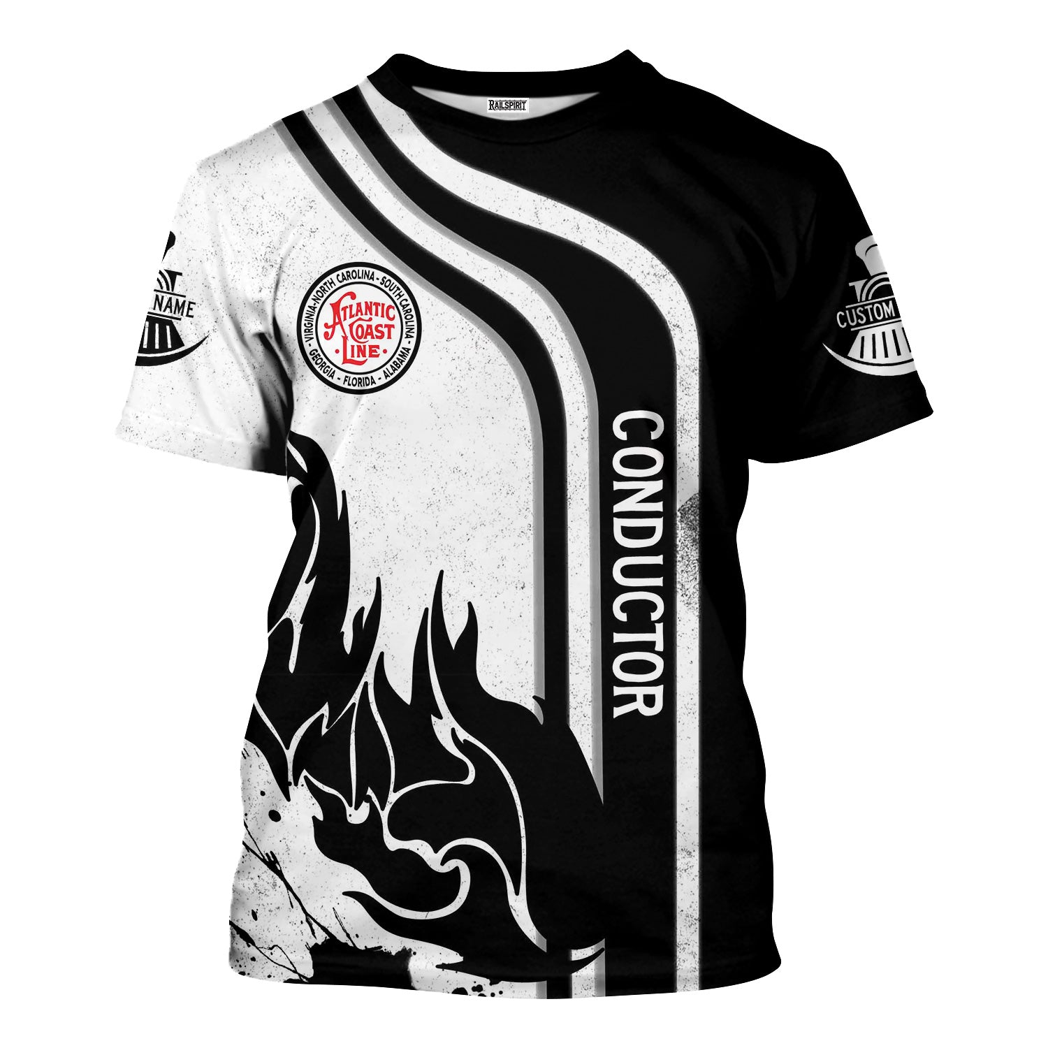 Railspirit Personalized Atlantic Coast Line Railroad T-Shirt Flame Design with Custom Job Position Train Shirt
