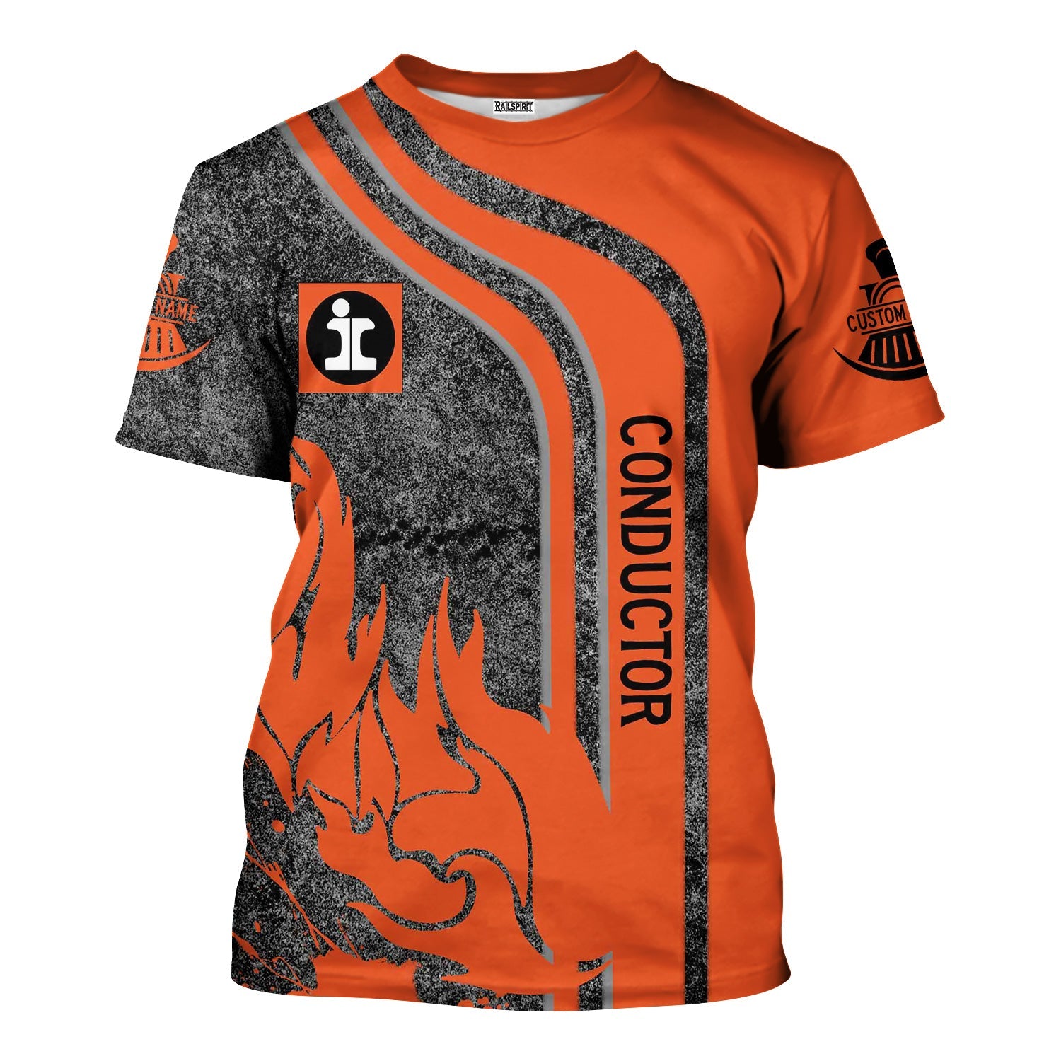 Railspirit Personalized Illinois Central Railroad T-Shirt Flame Design with Custom Job Position Train Shirt