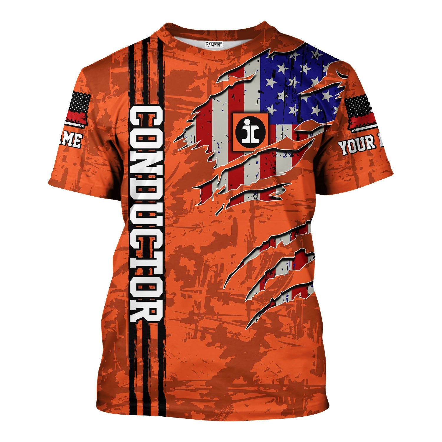 Railspirit Personalized Illinois Central Railroad T-Shirt USA Flag Claw Art with Custom Job Train Shirt