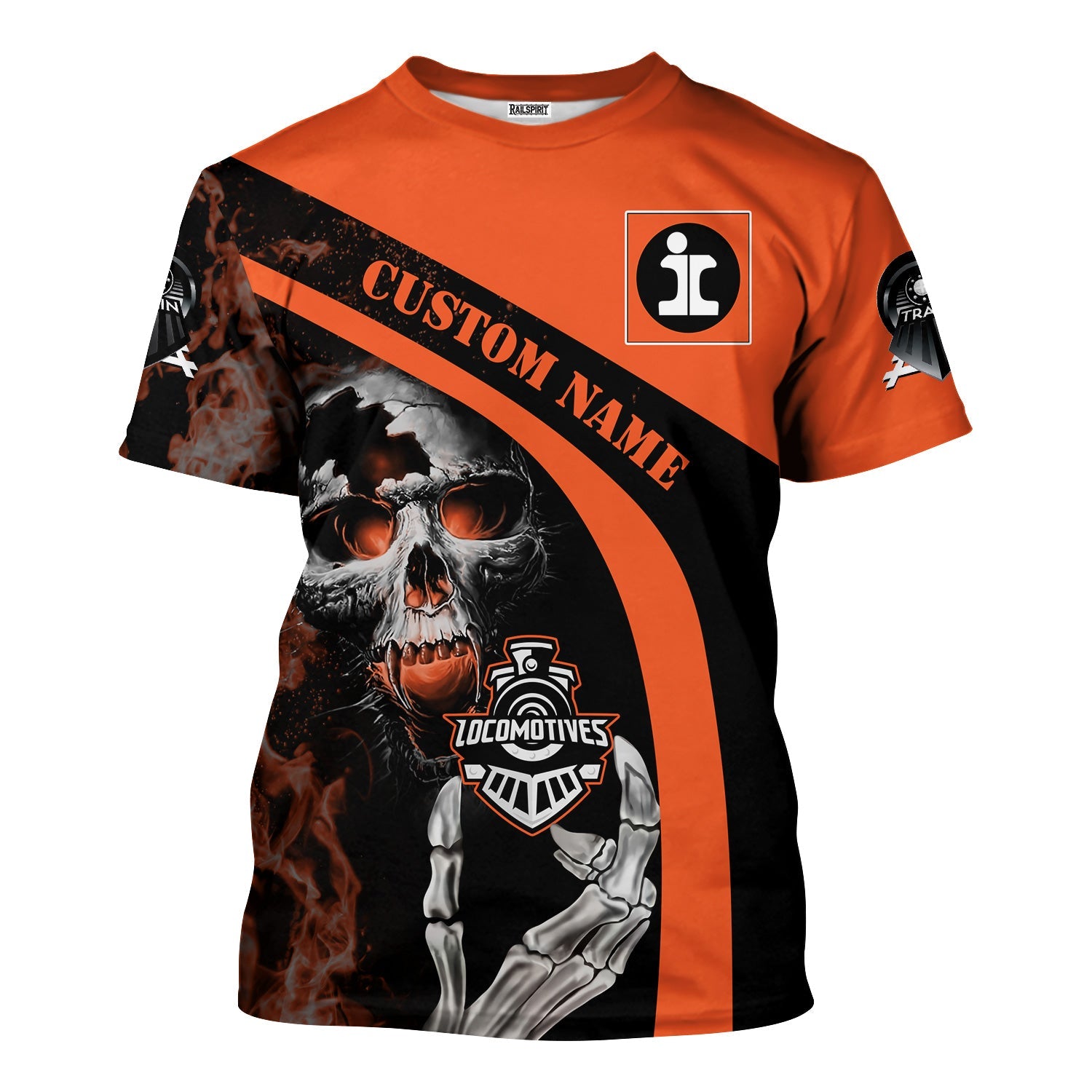 Railspirit Personalized Illinois Central Railroad T-Shirt Flame Skull Design Train Shirt for Locomotive Fans