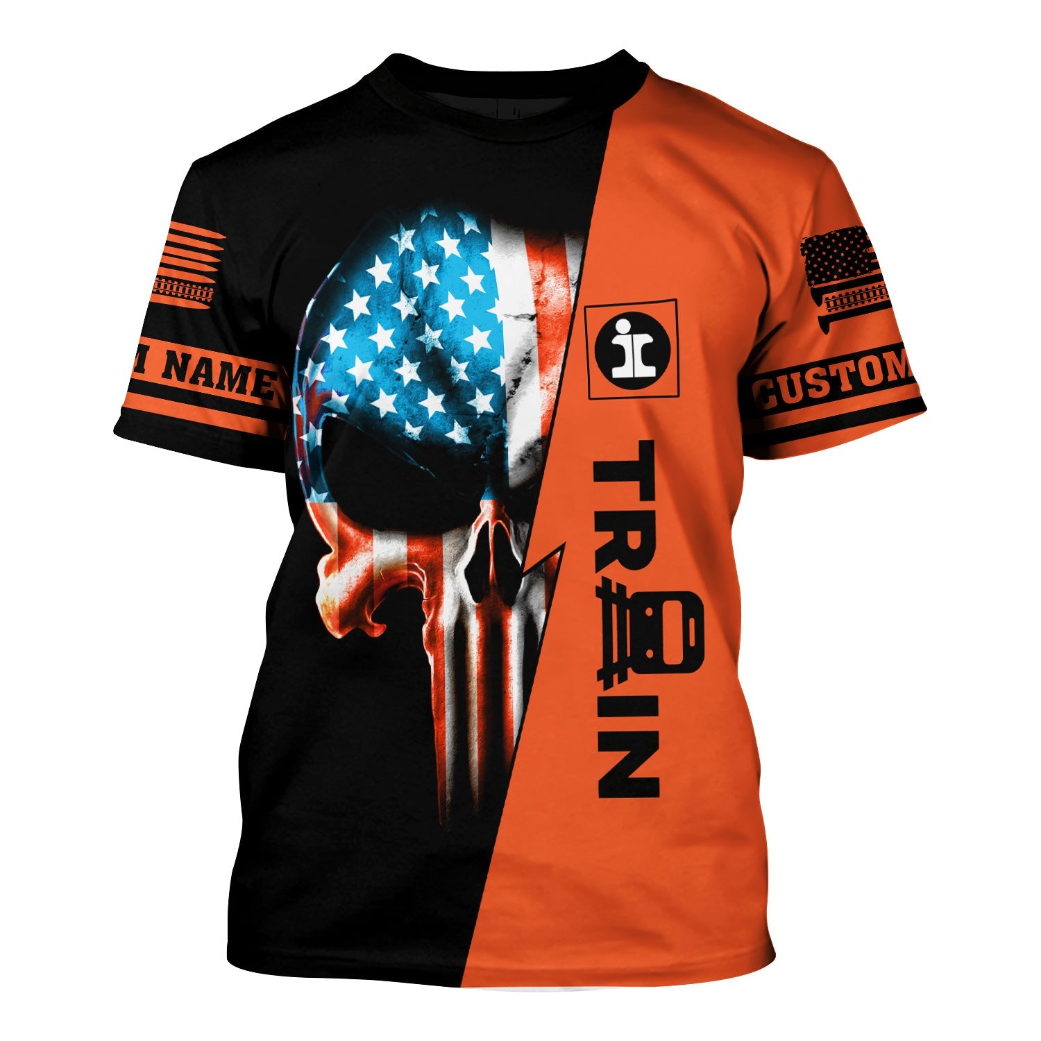 Railspirit Personalized Illinois Central Railroad T-Shirt Train Skull American Flag Shirt All Over Print