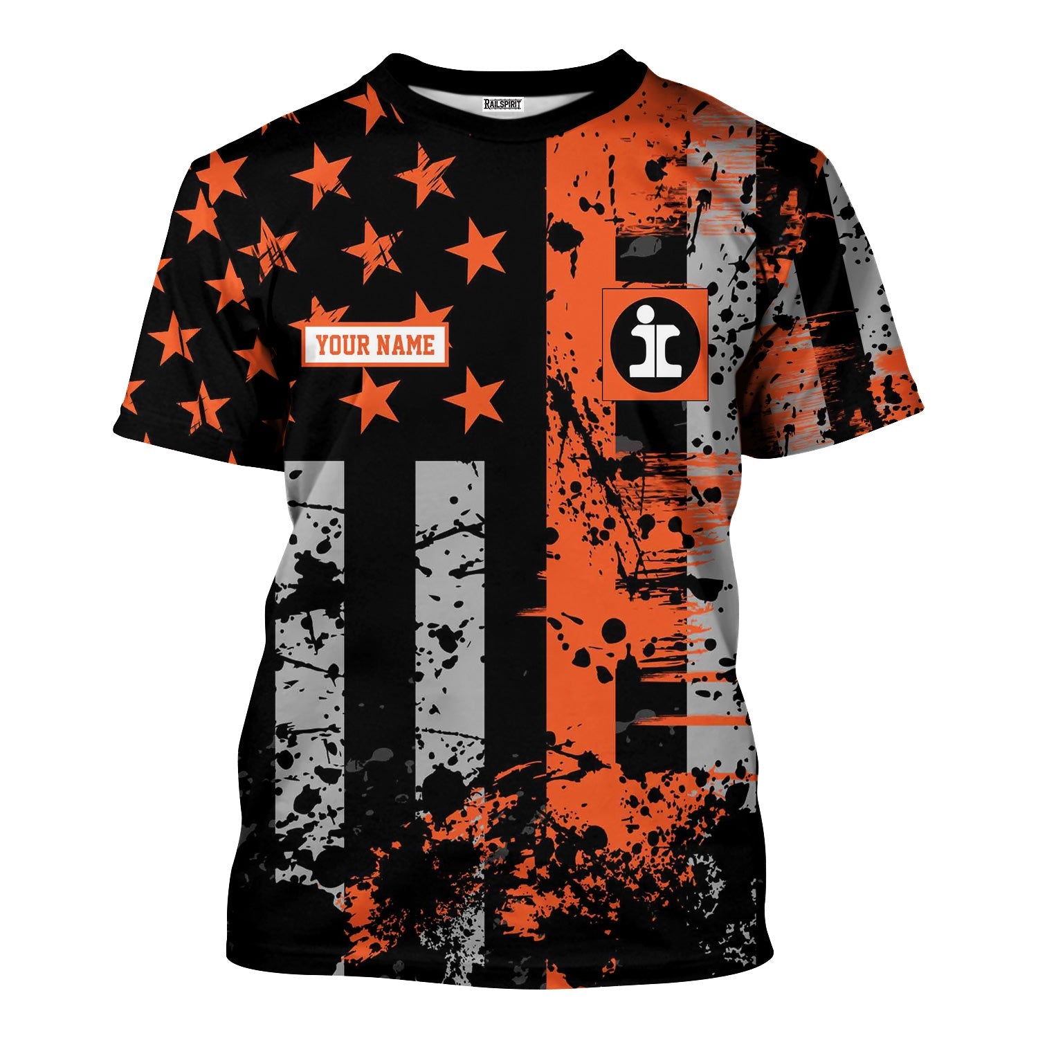 Railspirit Personalized Illinois Central Railroad T-Shirt Artistic Paint American Flag Style Train Shirt