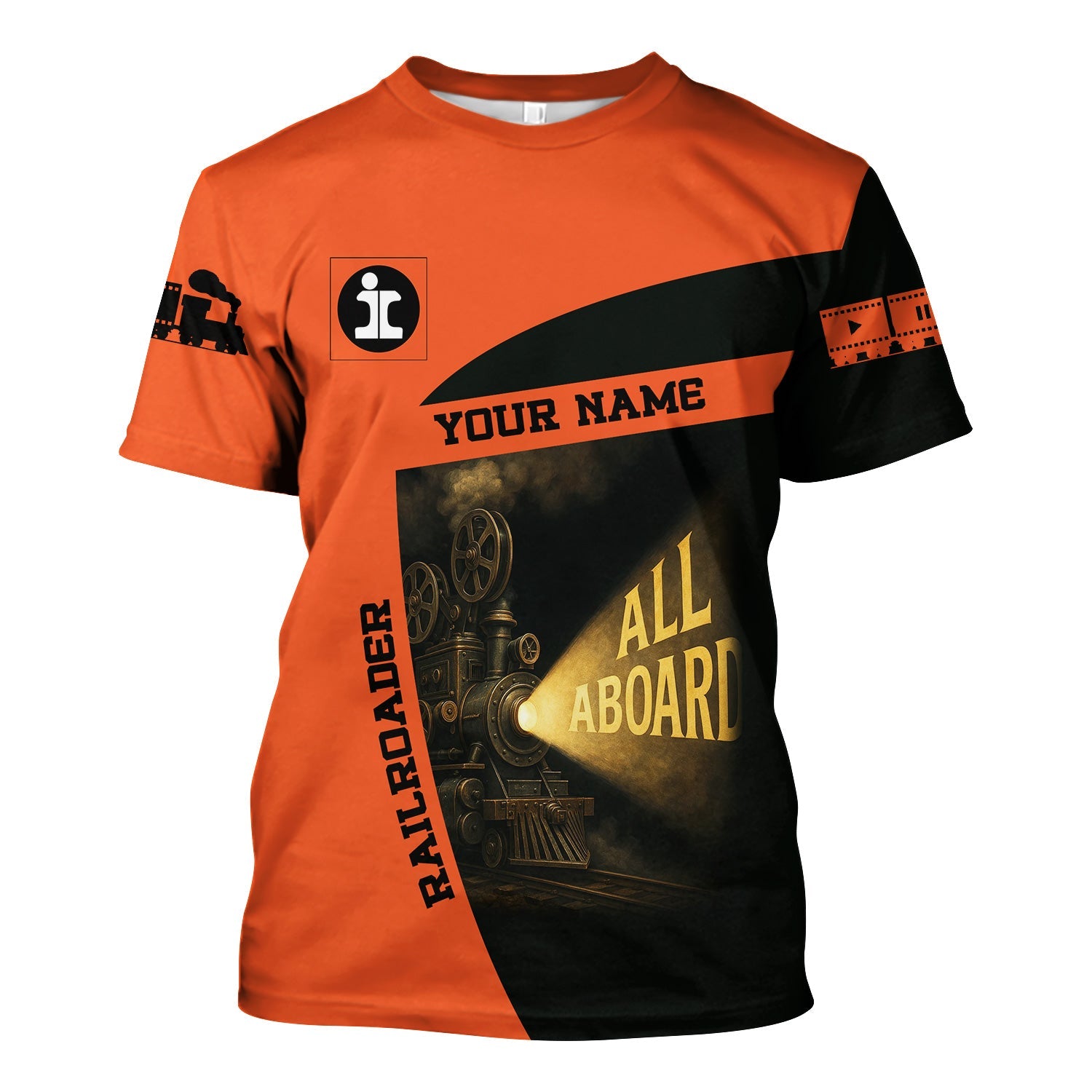 Railspirit Personalized Illinois Central Railroad T-Shirt All Aboard Steam Train Movie Projector Style Shirt