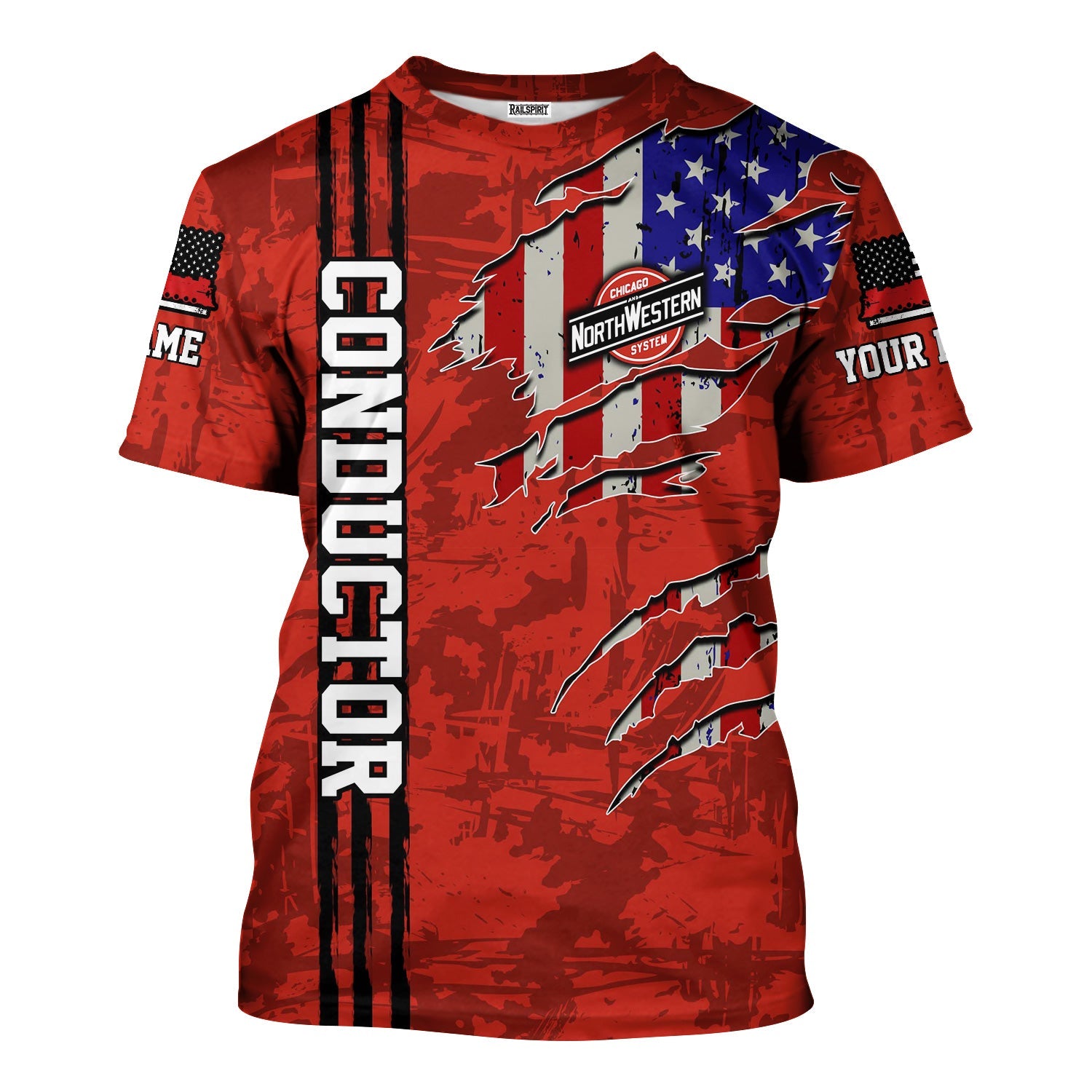 Railspirit Personalized Chicago and North Western Railway T-Shirt USA Flag Claw Art with Custom Job Train Shirt