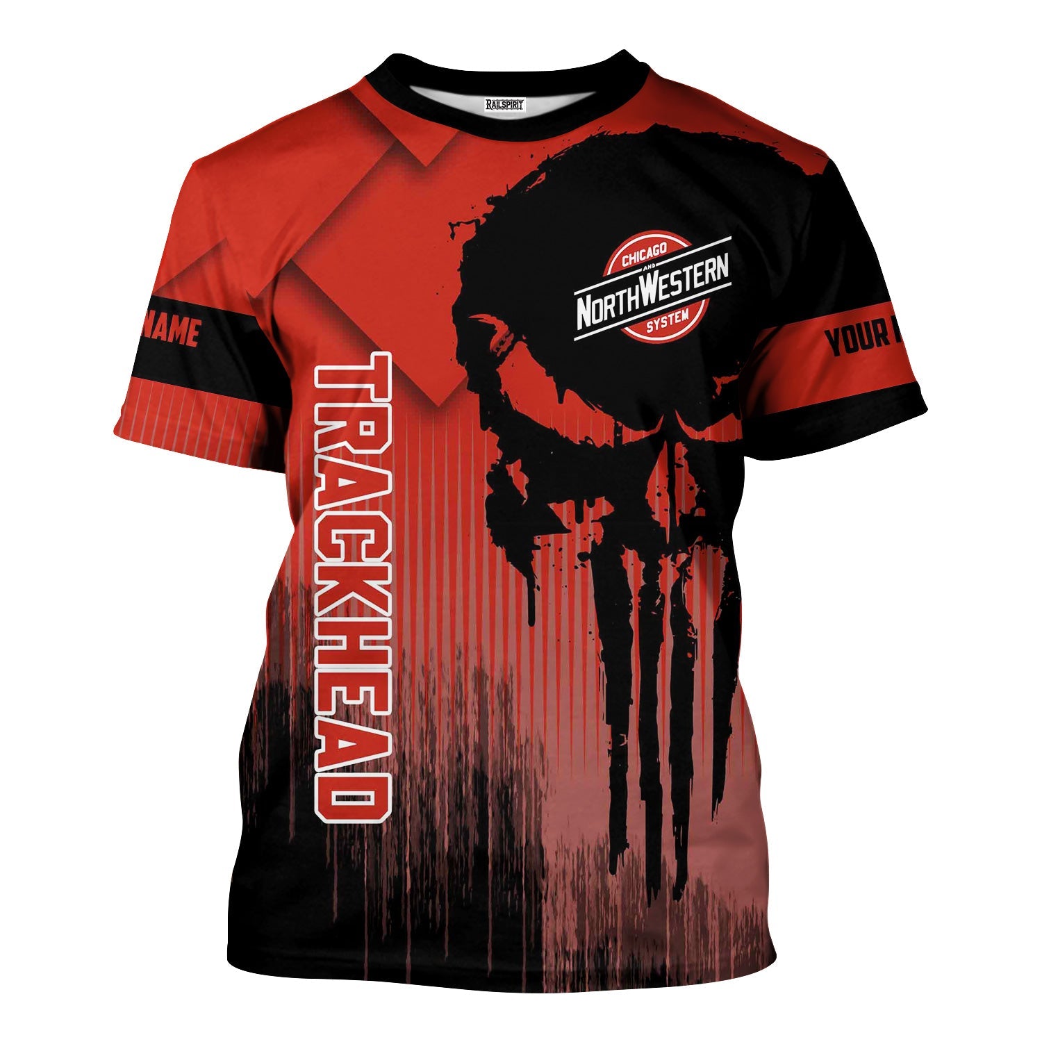 Railspirit Personalized Chicago and North Western Railway T-Shirt Skull Design with Custom Job Train Shirt for Trackhead Crew