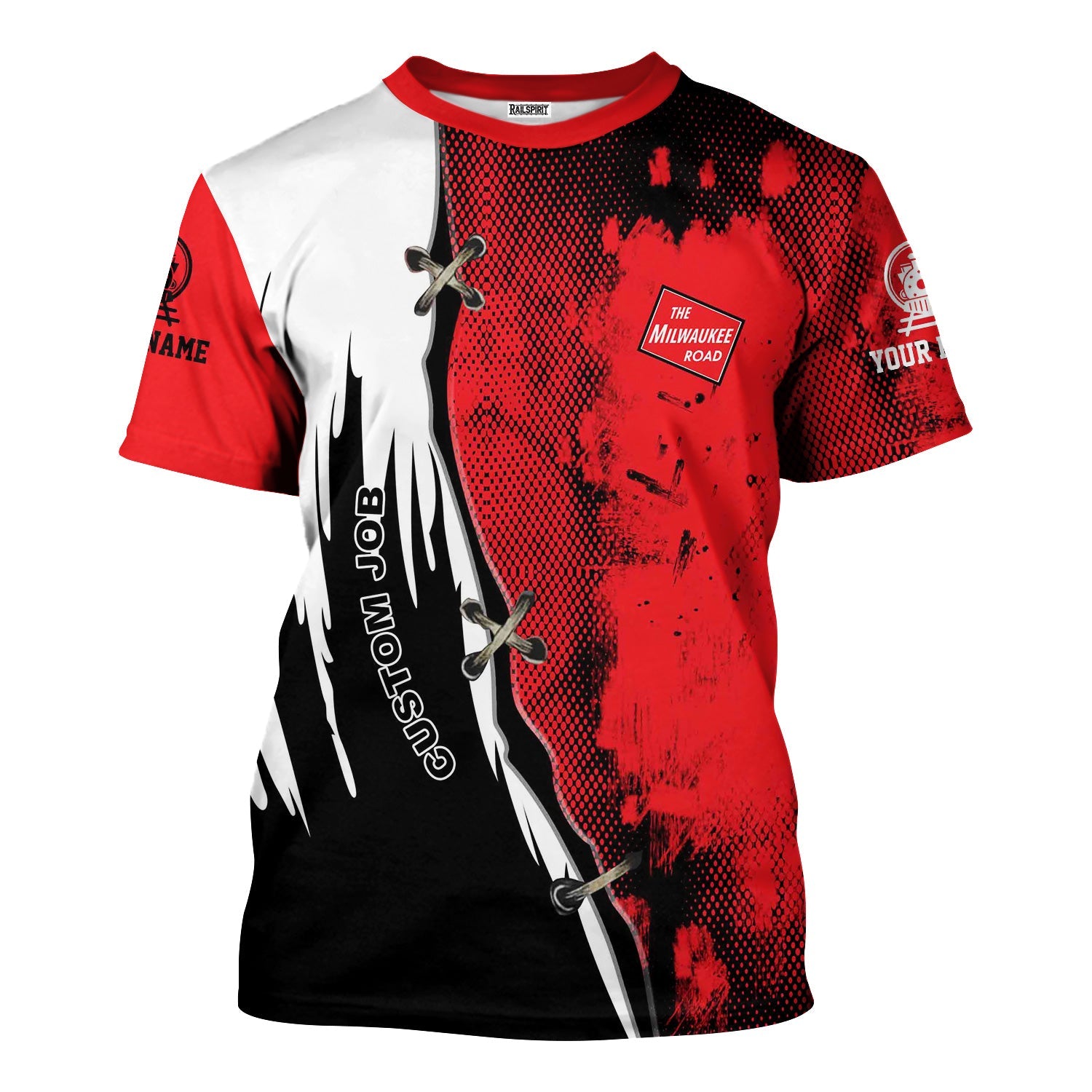 Railspirit Personalized Chicago, Milwaukee, St. Paul and Pacific Railroad T-Shirt Retro Stitches with Custom Position Milwaukee Road Train Shirt