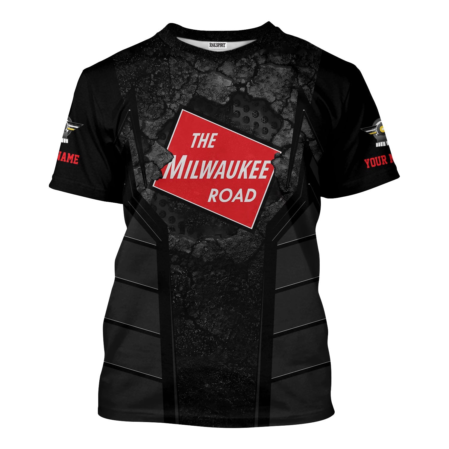 Railspirit Personalized Chicago, Milwaukee, St. Paul and Pacific Railroad T-Shirt Cracked Metal Design Milwaukee Road Train Shirt for Rail Enthusiast