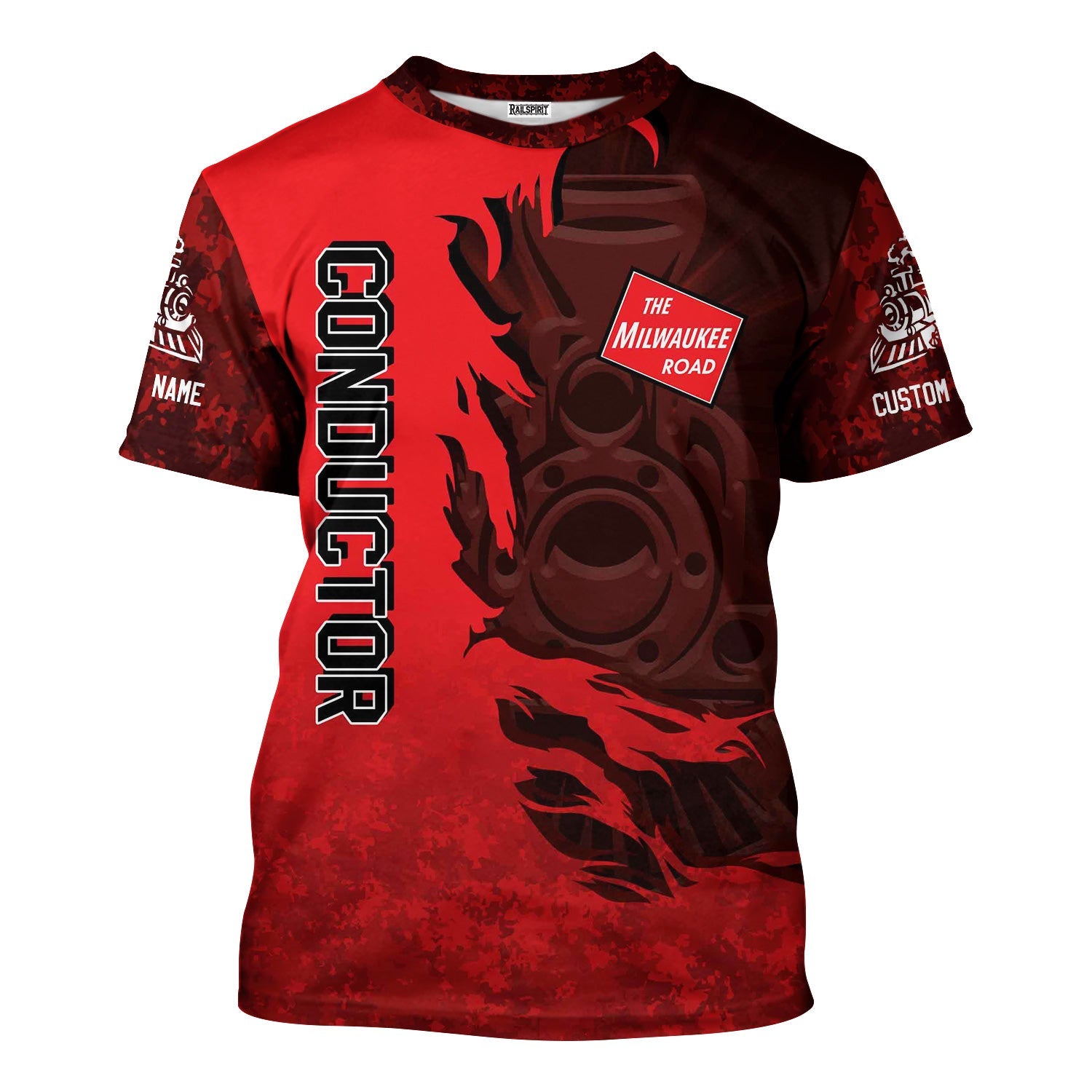 Railspirit Personalized Chicago, Milwaukee, St. Paul and Pacific Railroad T-Shirt Blazing Style with Custom Position Milwaukee Road Train Shirt