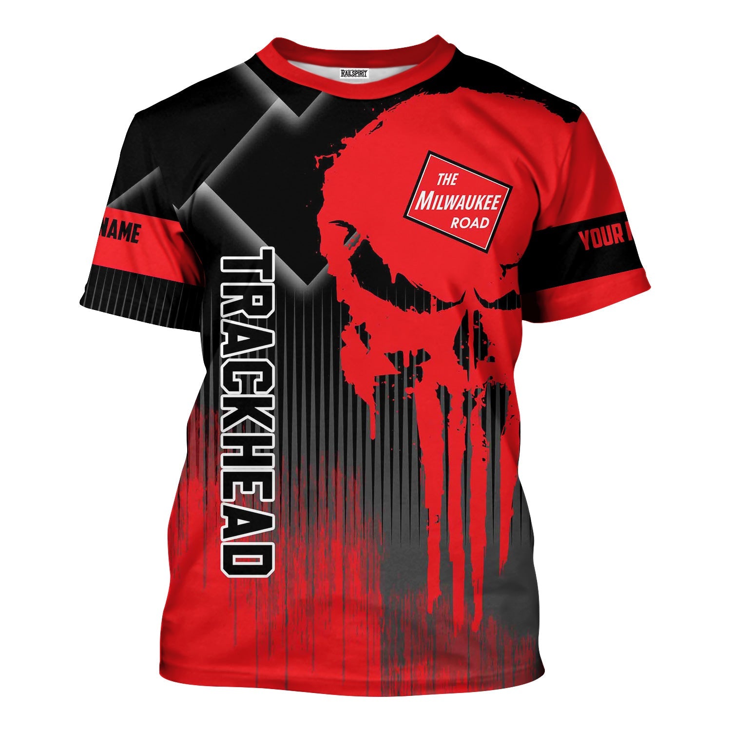 Railspirit Personalized Chicago, Milwaukee, St. Paul and Pacific Railroad T-Shirt Skull Design with Custom Job Milwaukee Road Train Shirt