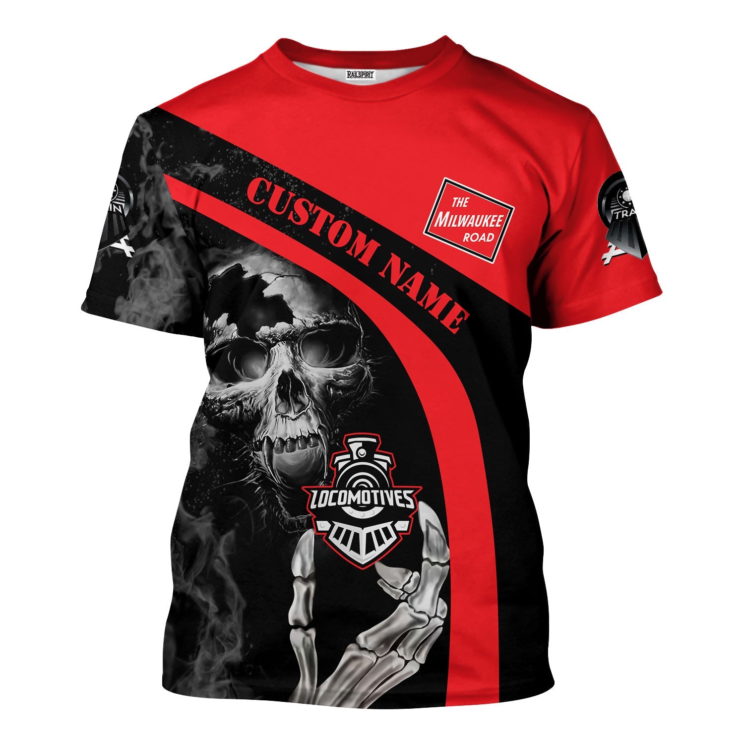 Railspirit Personalized Chicago, Milwaukee, St. Paul and Pacific Railroad T-Shirt Flame Skull Design Milwaukee Road Train Shirt for Locomotive Fans