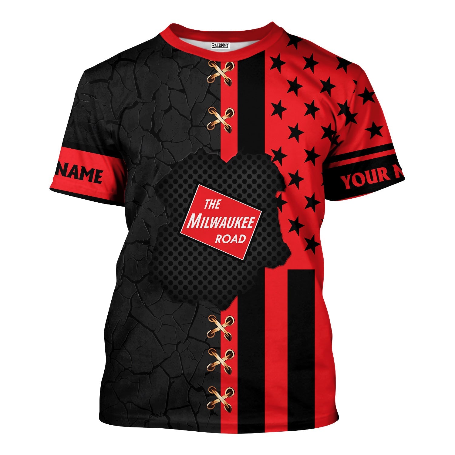 Railspirit Personalized Chicago, Milwaukee, St. Paul and Pacific Railroad T-Shirt American Flag with Crack Effect Milwaukee Road Train Shirt