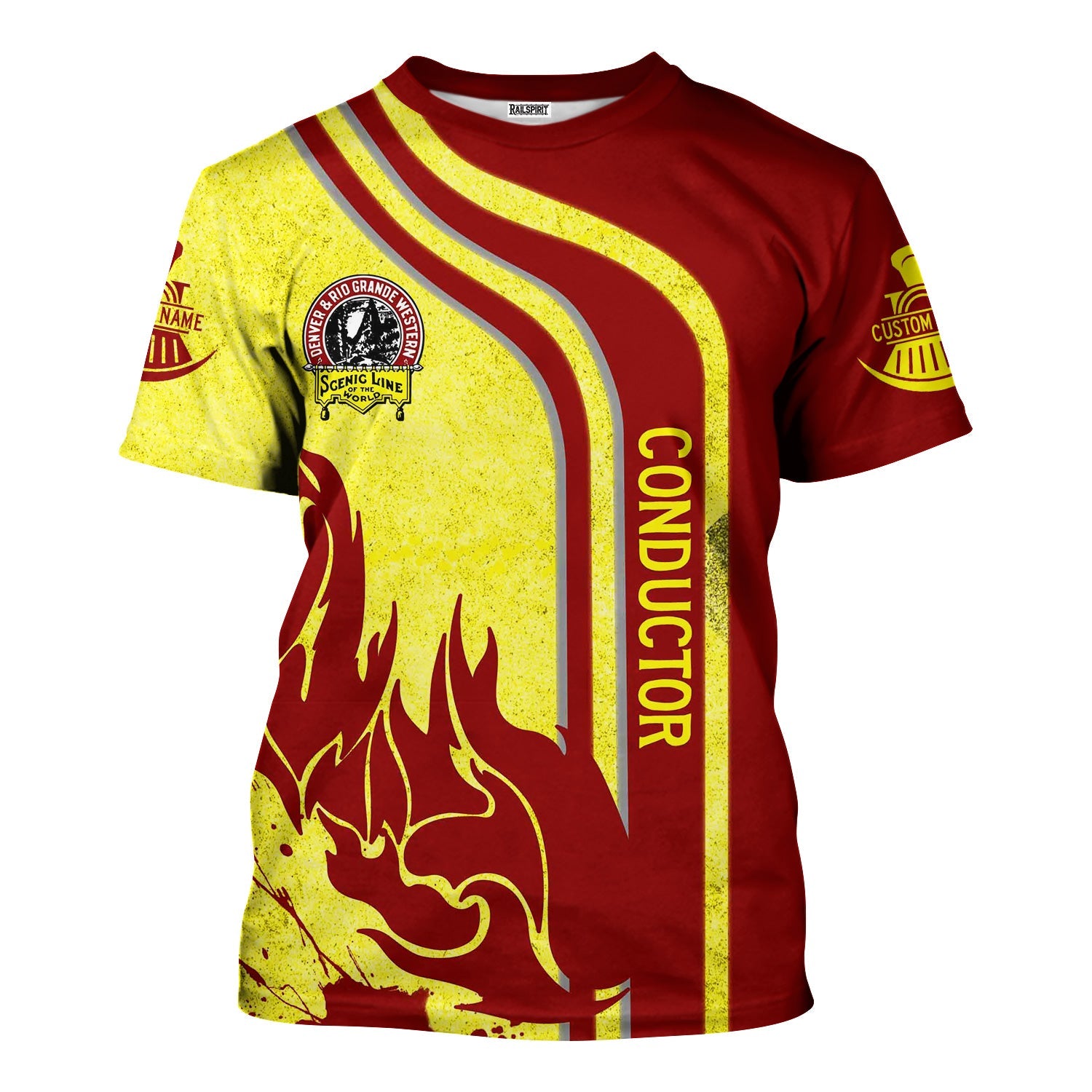 Railspirit Personalized Denver and Rio Grande Western Railroad T-Shirt Flame Design with Custom Job Position Train Shirt