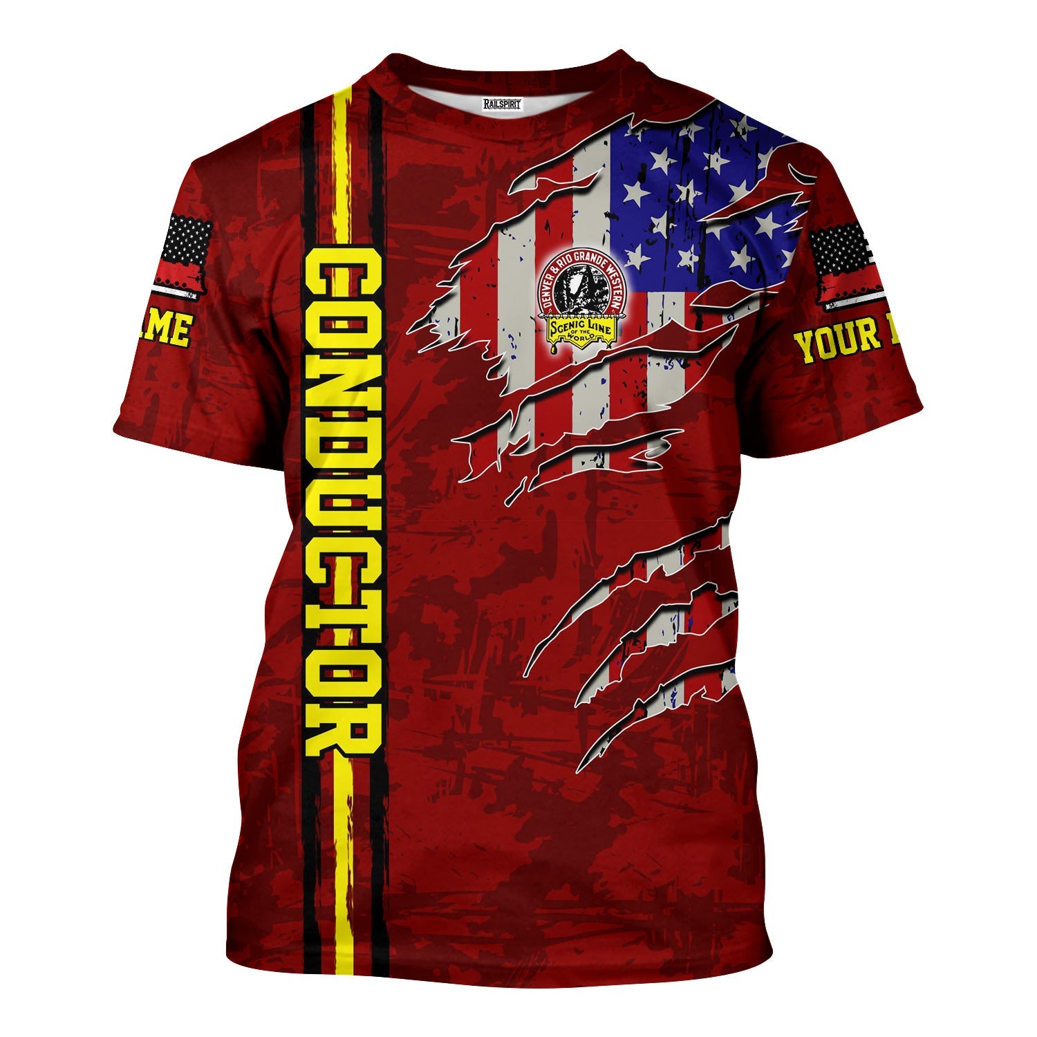 Railspirit Personalized Denver and Rio Grande Western Railroad T-Shirt USA Flag Claw Art with Custom Job Train Shirt