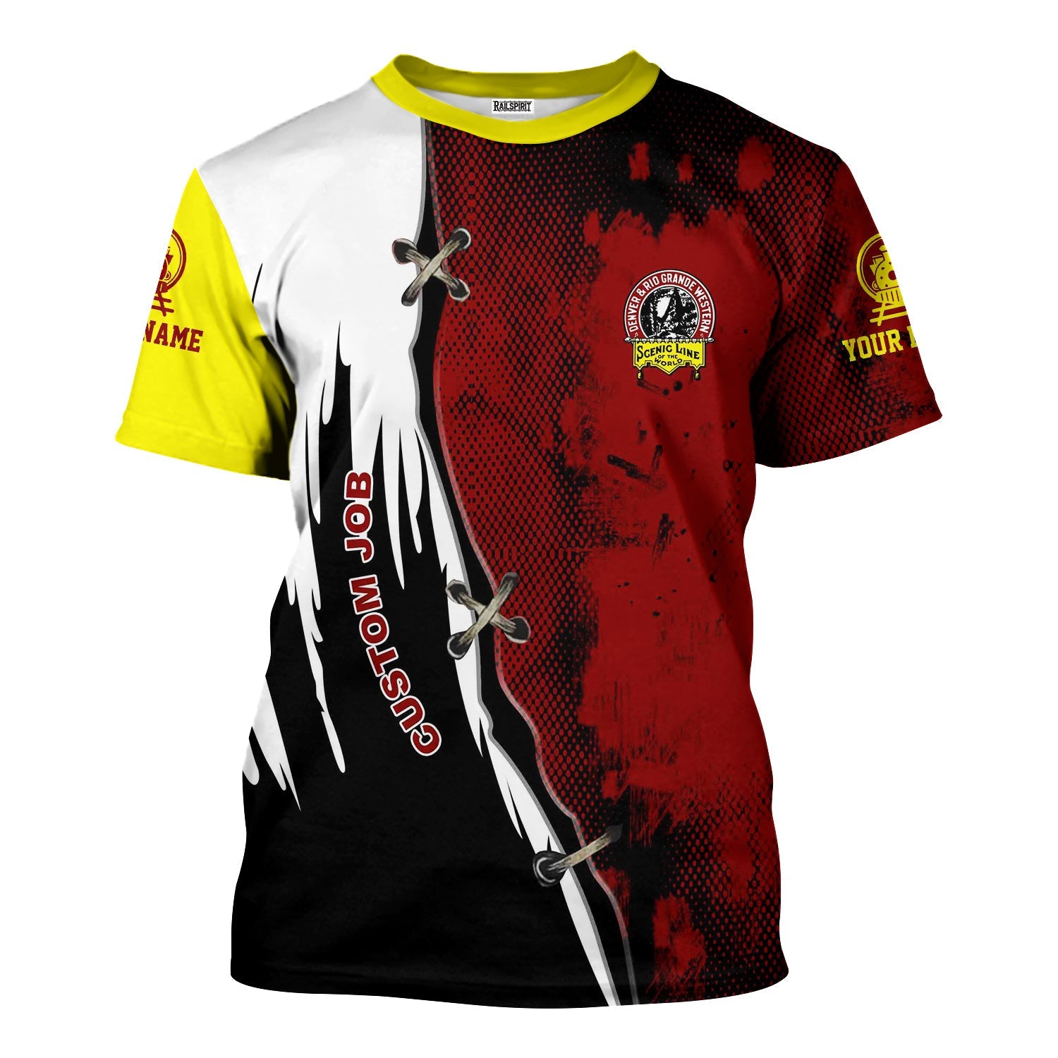 Railspirit Personalized Denver and Rio Grande Western Railroad T-Shirt Retro Stitches Design with Custom Position Train Shirt