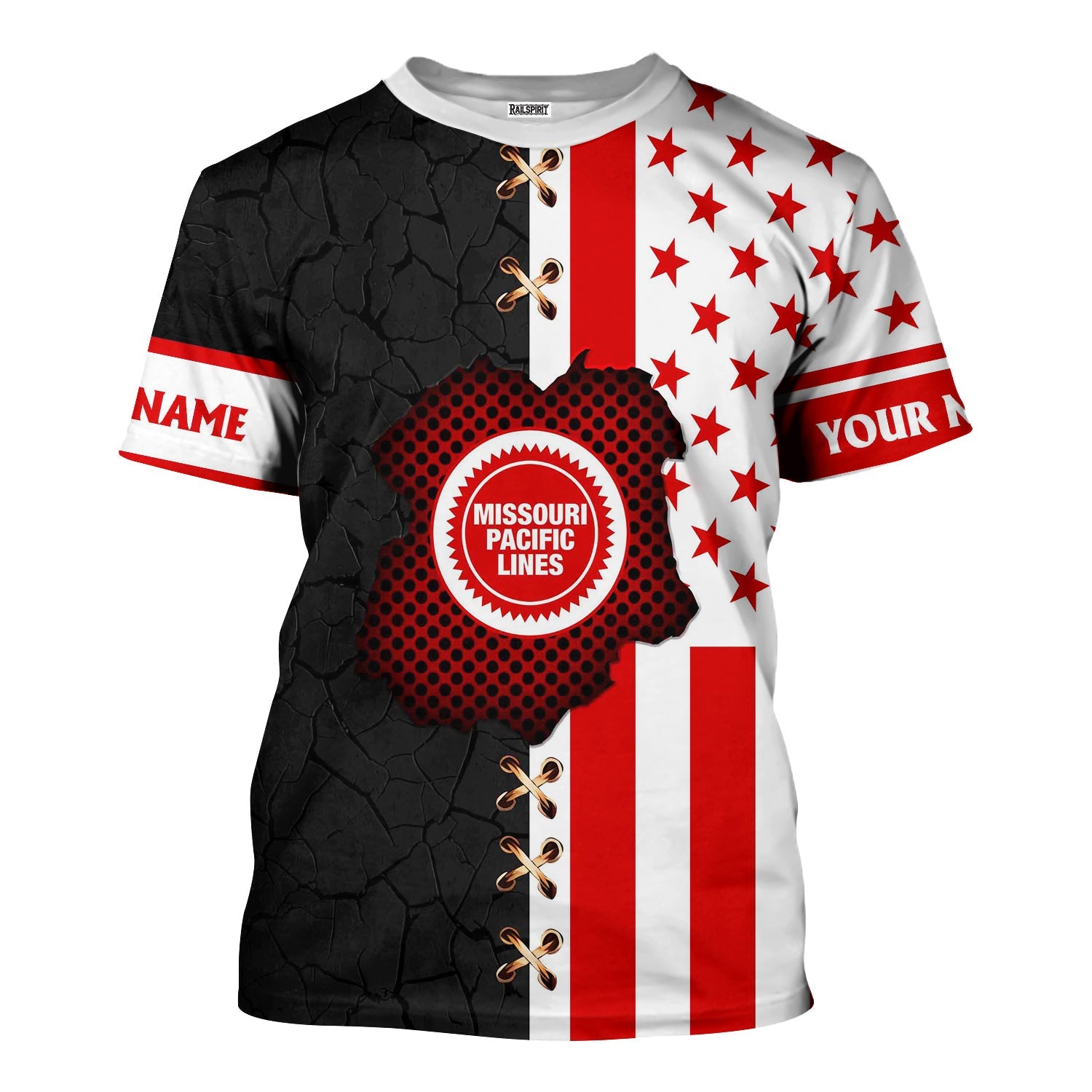 Railspirit Personalized Missouri Pacific Railroad T-Shirt American Flag with Crack Effect Train Shirt