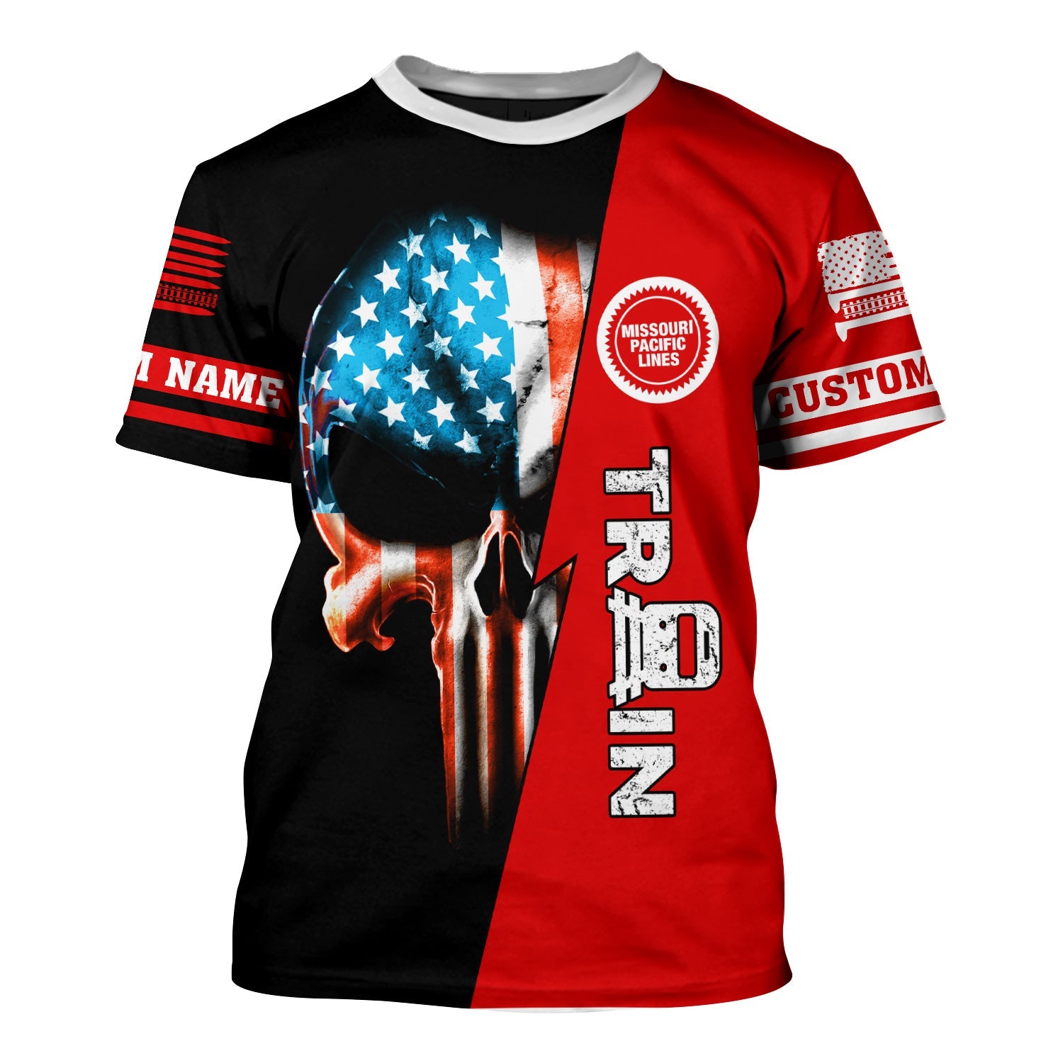 Railspirit Personalized Missouri Pacific Railroad T-Shirt Train Skull American Flag Shirt All Over Print