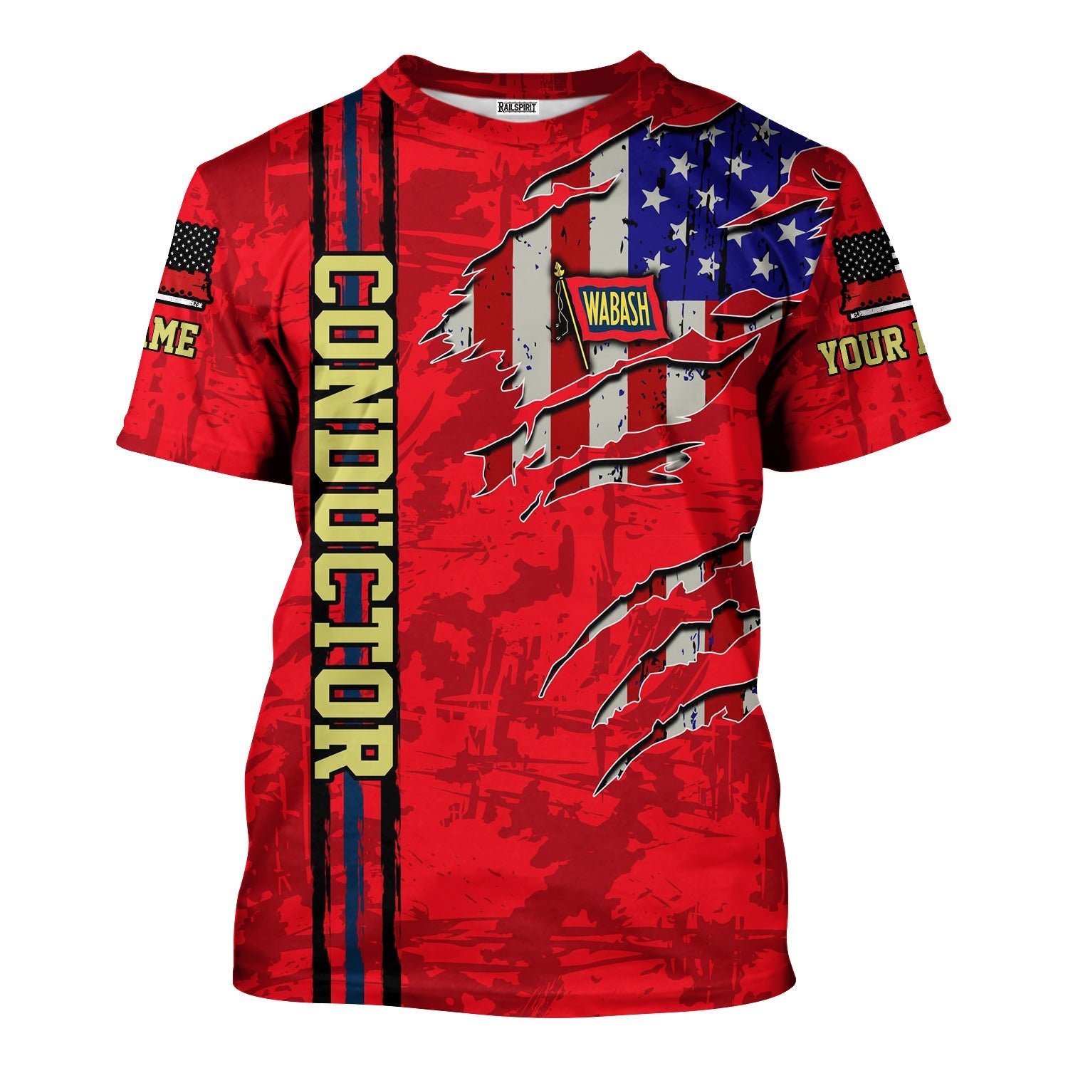 Railspirit Personalized Wabash Railroad T-Shirt USA Flag Claw Art with Custom Job Train Shirt