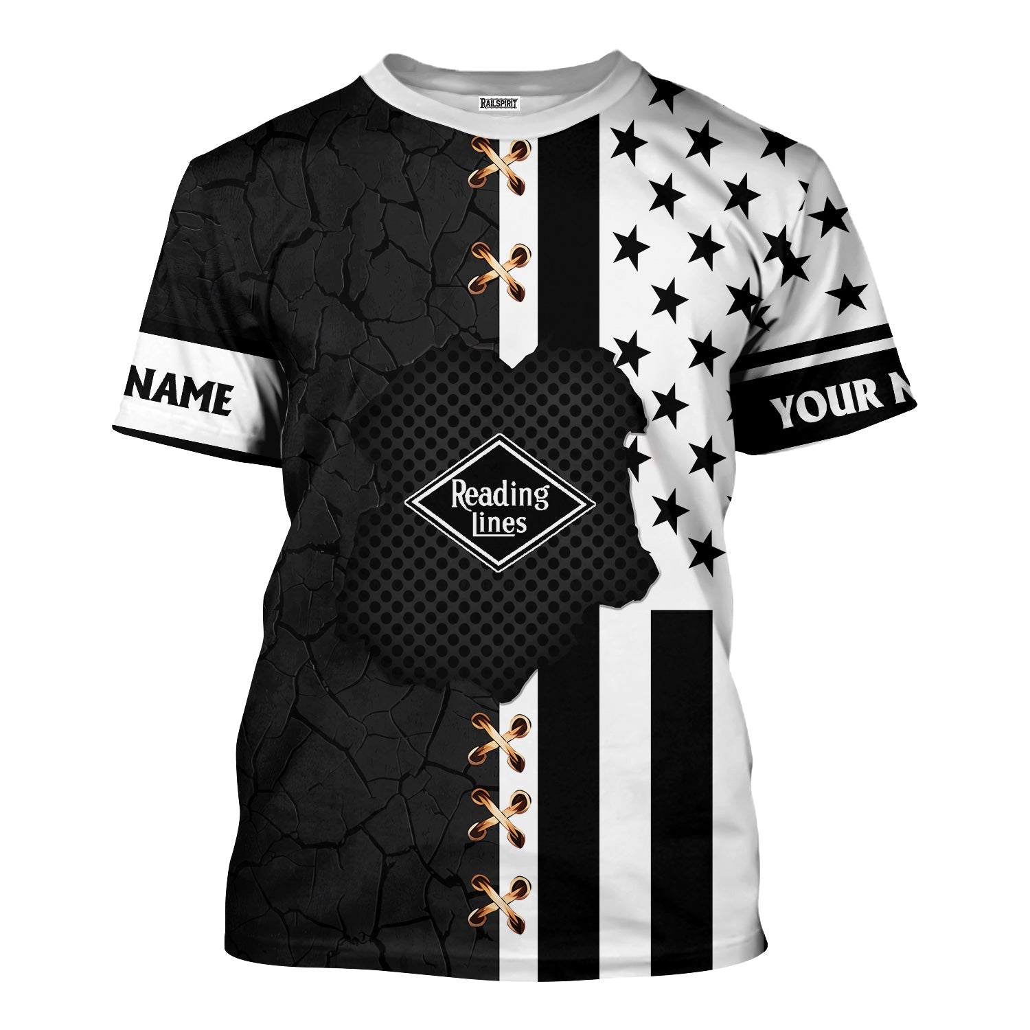 Railspirit Personalized Reading Railroad T-Shirt American Flag with Crack Effect Train Shirt