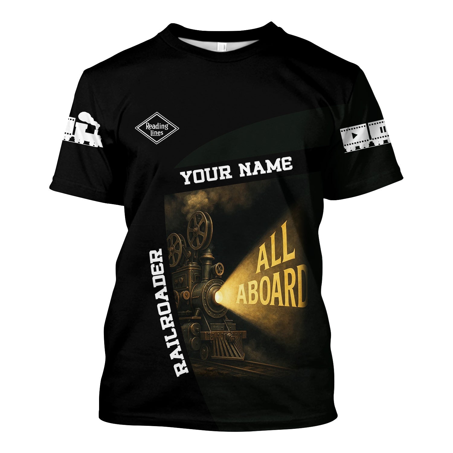 Railspirit Personalized Reading Railroad T-Shirt All Aboard Steam Train Movie Projector Style Shirt