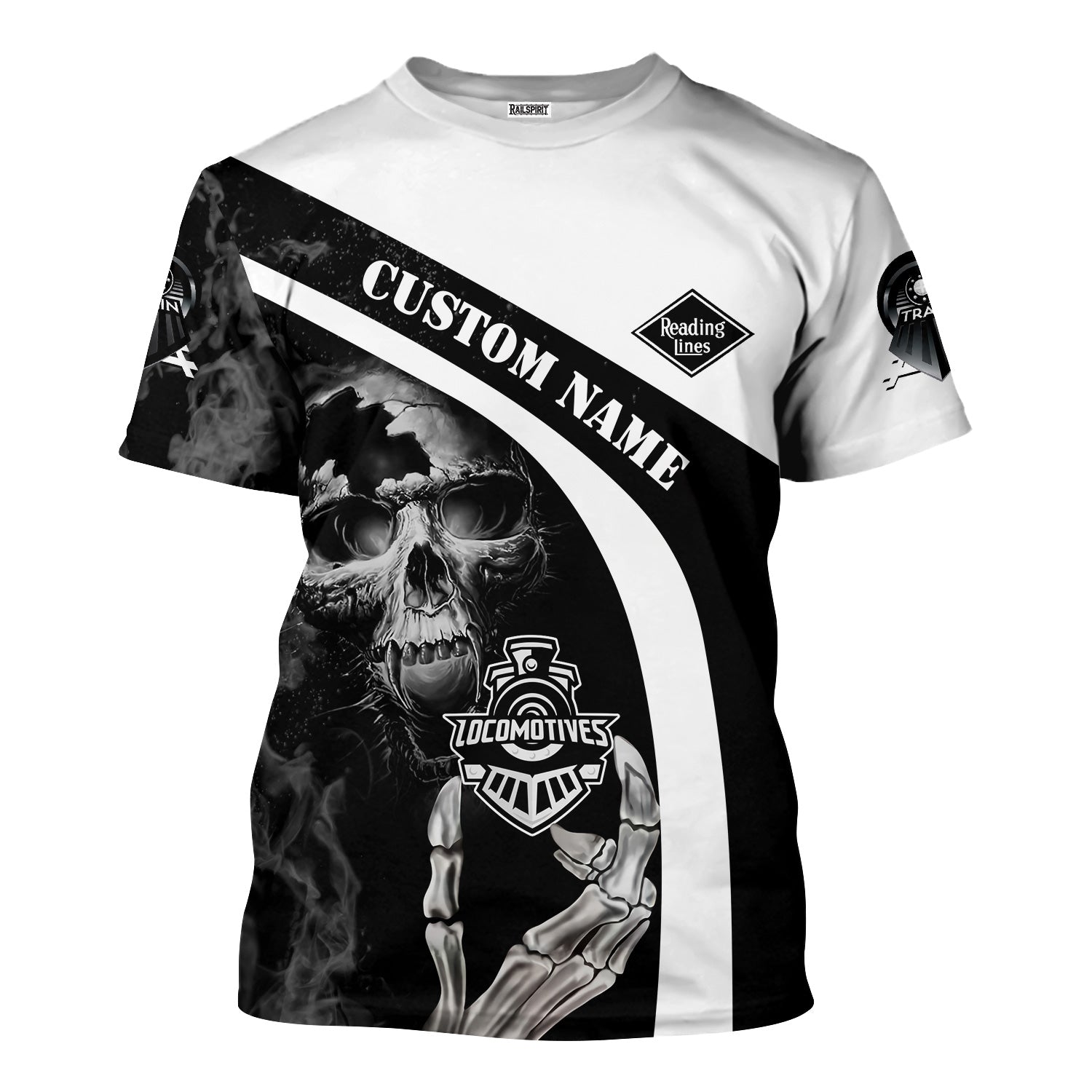 Railspirit Personalized Reading Railroad T-Shirt Flame Skull Design Train Shirt for Locomotive Fans