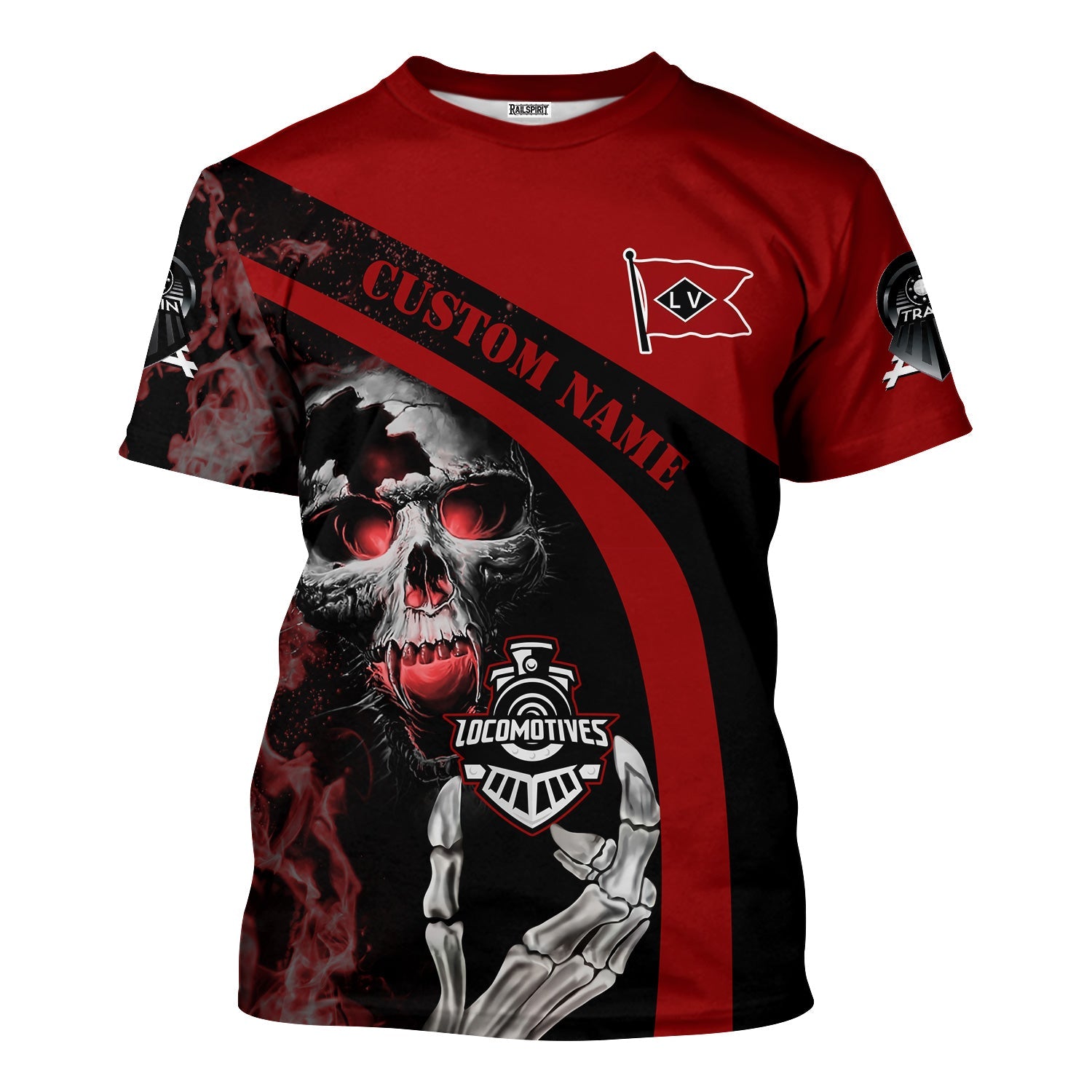 Railspirit Personalized Lehigh Valley Railroad T-Shirt Flame Skull Design Train Shirt for Locomotive Fans