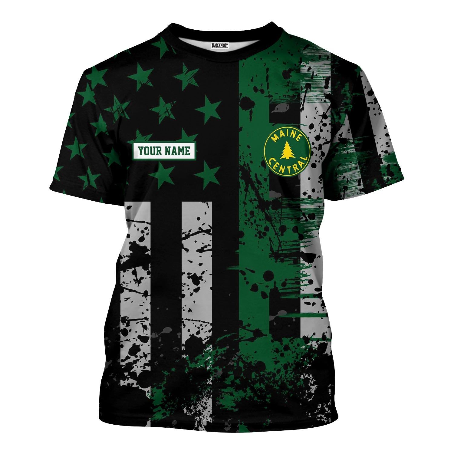 Railspirit Personalized Maine Central Railroad T-Shirt Artistic Paint American Flag Style Train Shirt