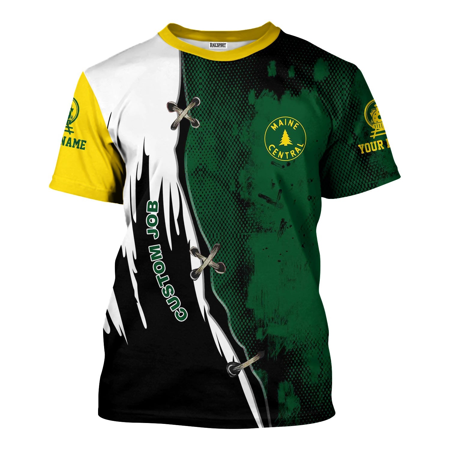 Railspirit Personalized Maine Central Railroad T-Shirt Retro Stitches Design with Custom Position Train Shirt