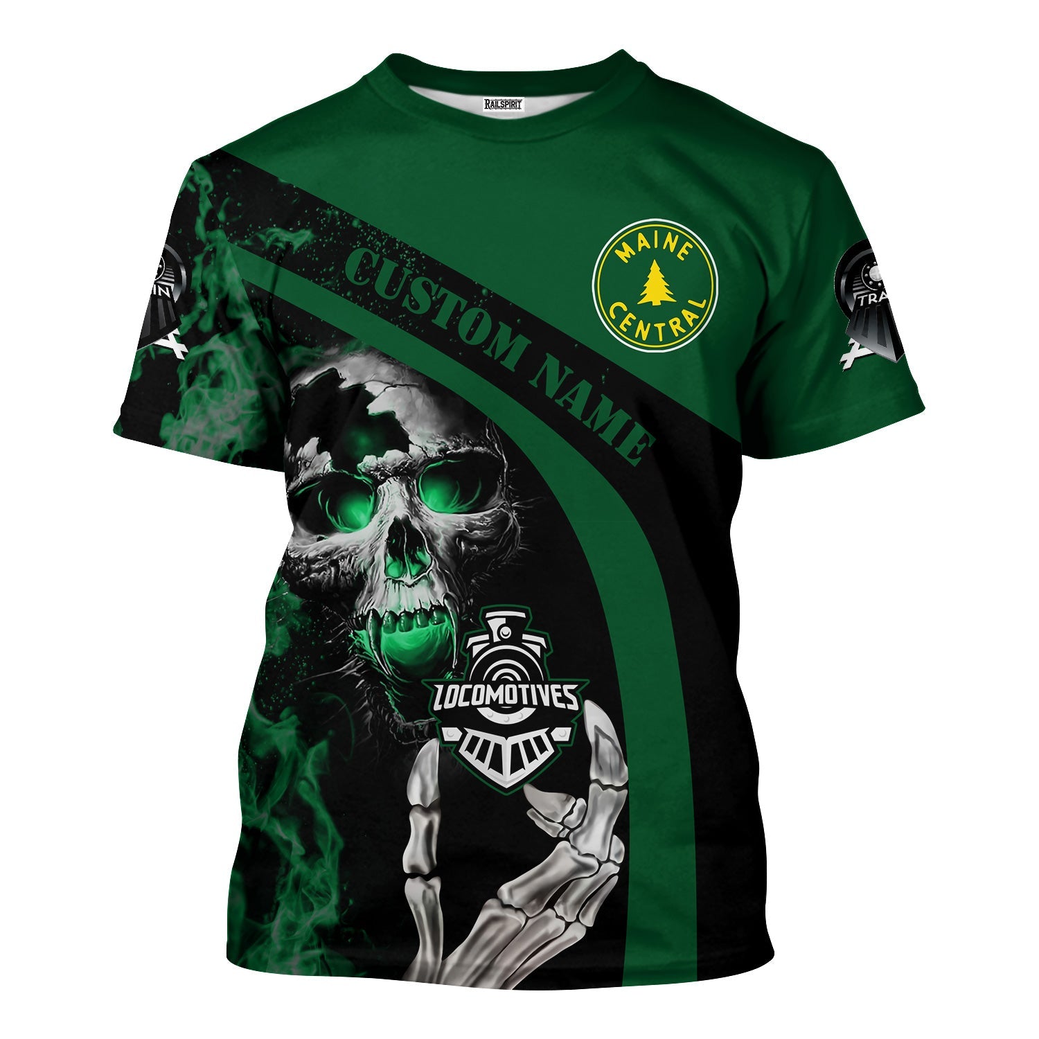 Railspirit Personalized Maine Central Railroad T-Shirt Flame Skull Design Train Shirt for Locomotive Fans