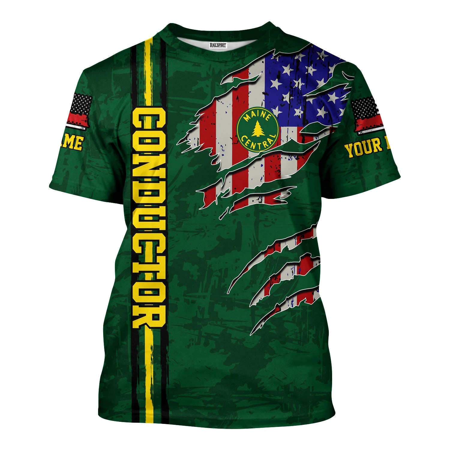 Railspirit Personalized Maine Central Railroad T-Shirt USA Flag Claw Art with Custom Job Train Shirt