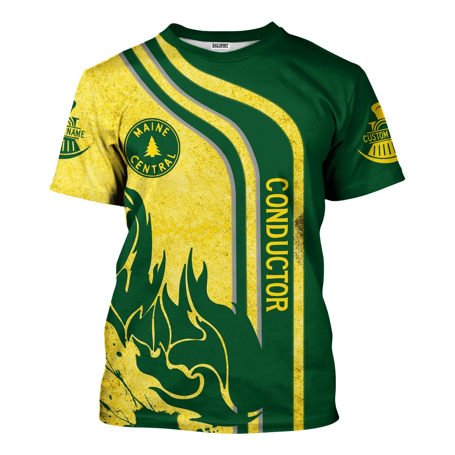 Railspirit Personalized Maine Central Railroad T-Shirt Flame Design with Custom Job Position Train Shirt