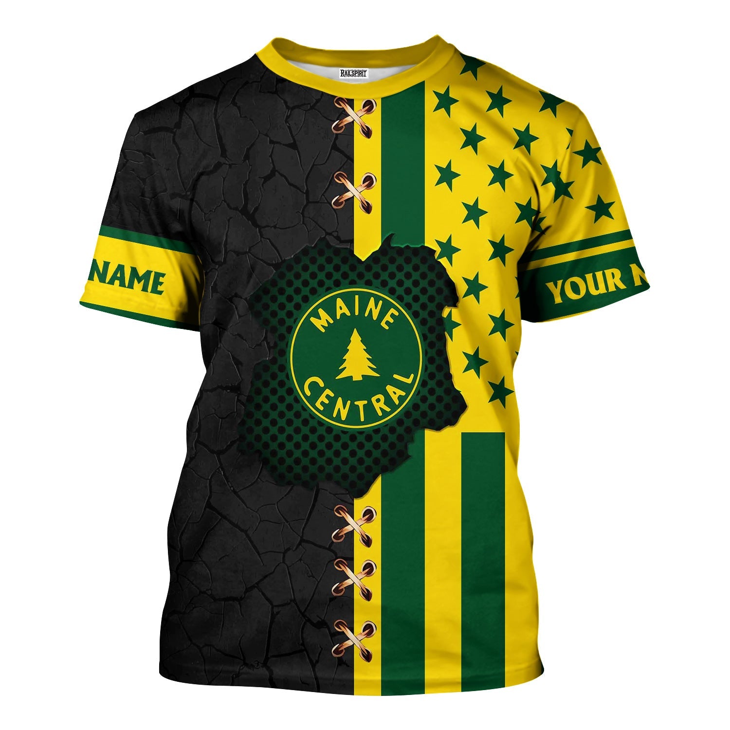 Railspirit Personalized Maine Central Railroad T-Shirt American Flag with Crack Effect Train Shirt