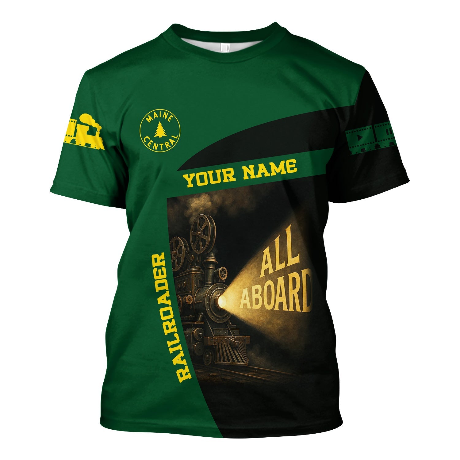 Railspirit Personalized Maine Central Railroad T-Shirt All Aboard Steam Train Movie Projector Style Shirt