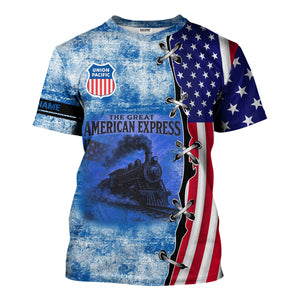 Railspirit Personalized Union Pacific Railroad T-Shirt Retro American Express Train With USA Flag Big Boy Shirt