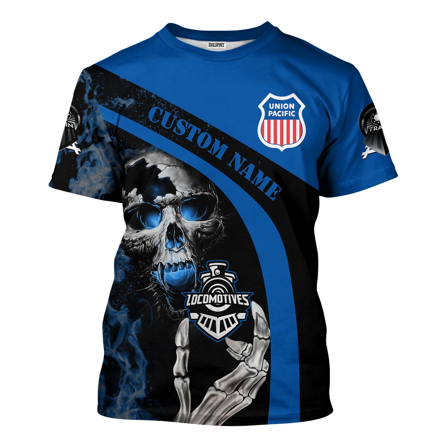 Railspirit Personalized Union Pacific Railroad T-Shirt Flame Skull Design Big Boy Train Shirt for Locomotive Fans