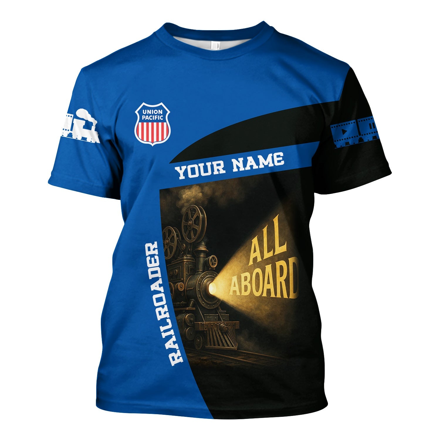 Railspirit Personalized Union Pacific Railroad T-Shirt All Aboard Steam Train Movie Projector Style Big Boy Shirt