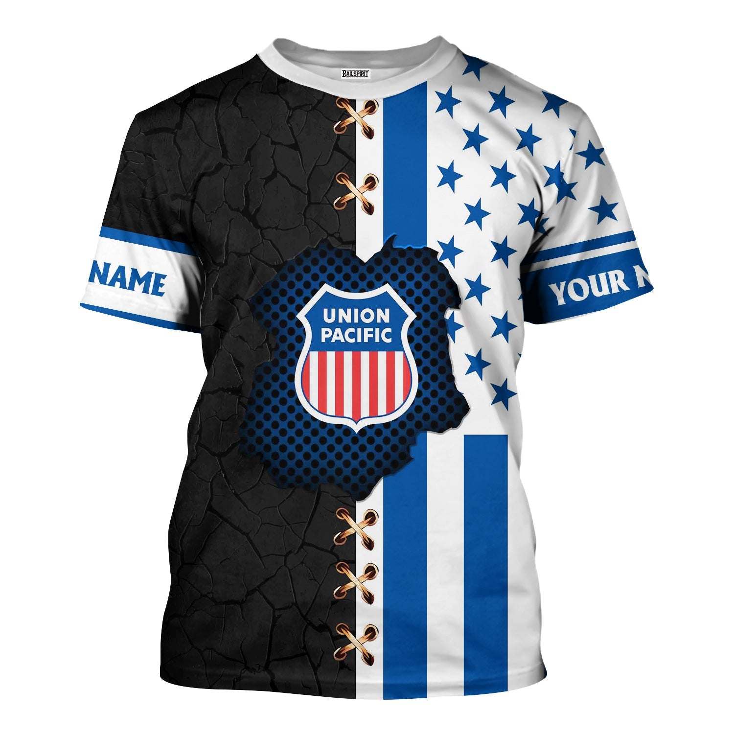 Railspirit Personalized Union Pacific Railroad T-Shirt American Flag with Crack Effect Big Boy Train Shirt