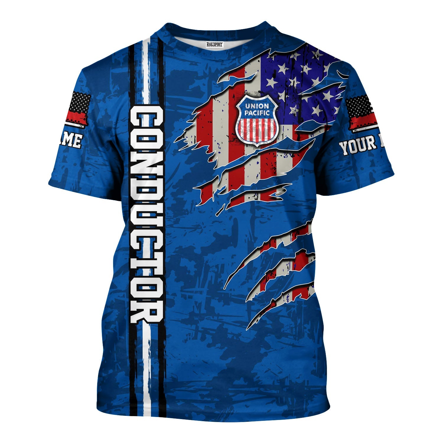 Railspirit Personalized Union Pacific Railroad T-Shirt USA Flag Claw Art with Custom Job Big Boy Train Shirt