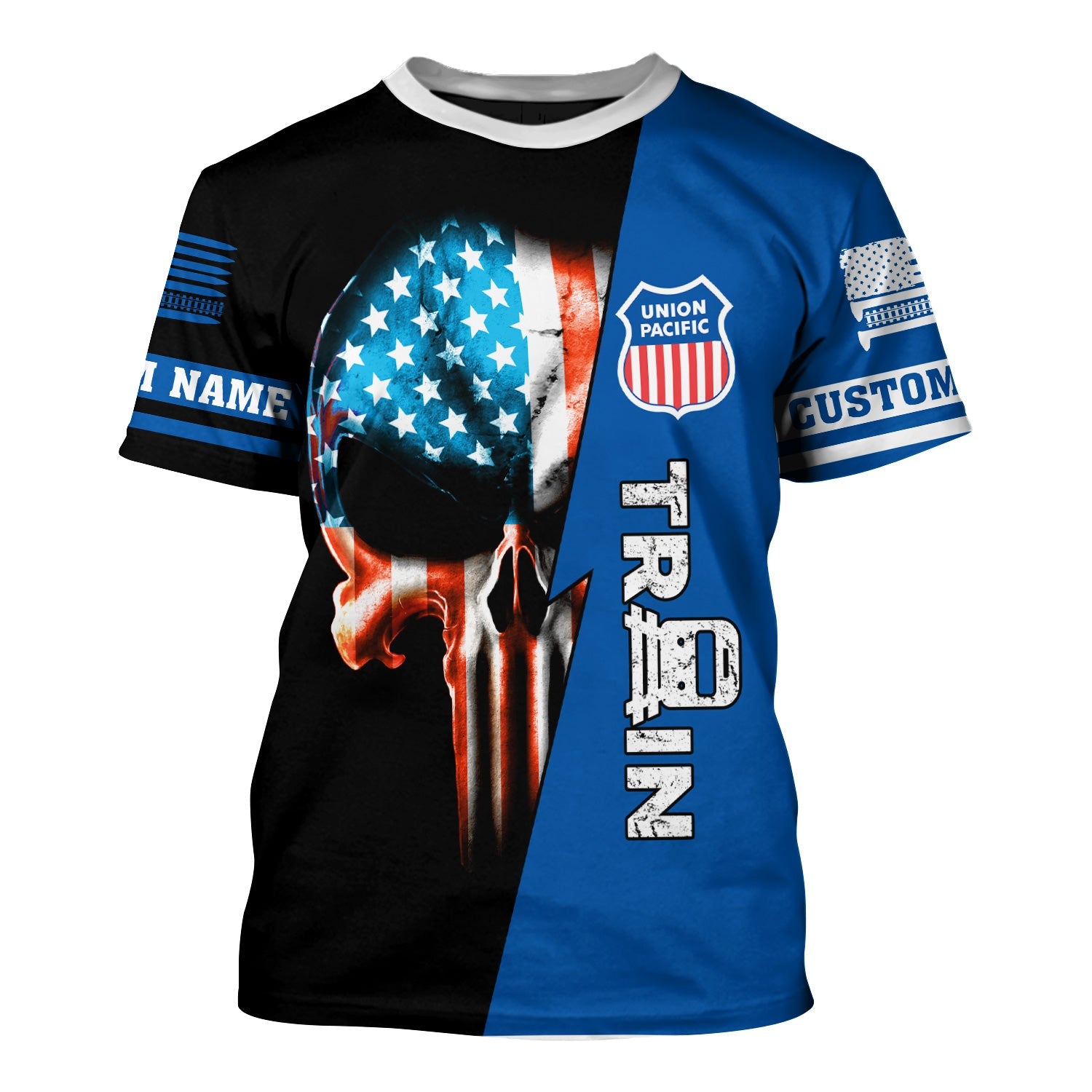 Railspirit Personalized Union Pacific Railroad T-Shirt Train Skull American Flag Big Boy Shirt All Over Print