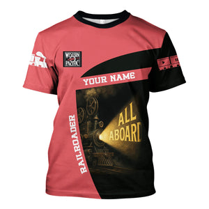 Railspirit Personalized Western Pacific Railroad T-Shirt All Aboard Steam Train Movie Projector Style Shirt