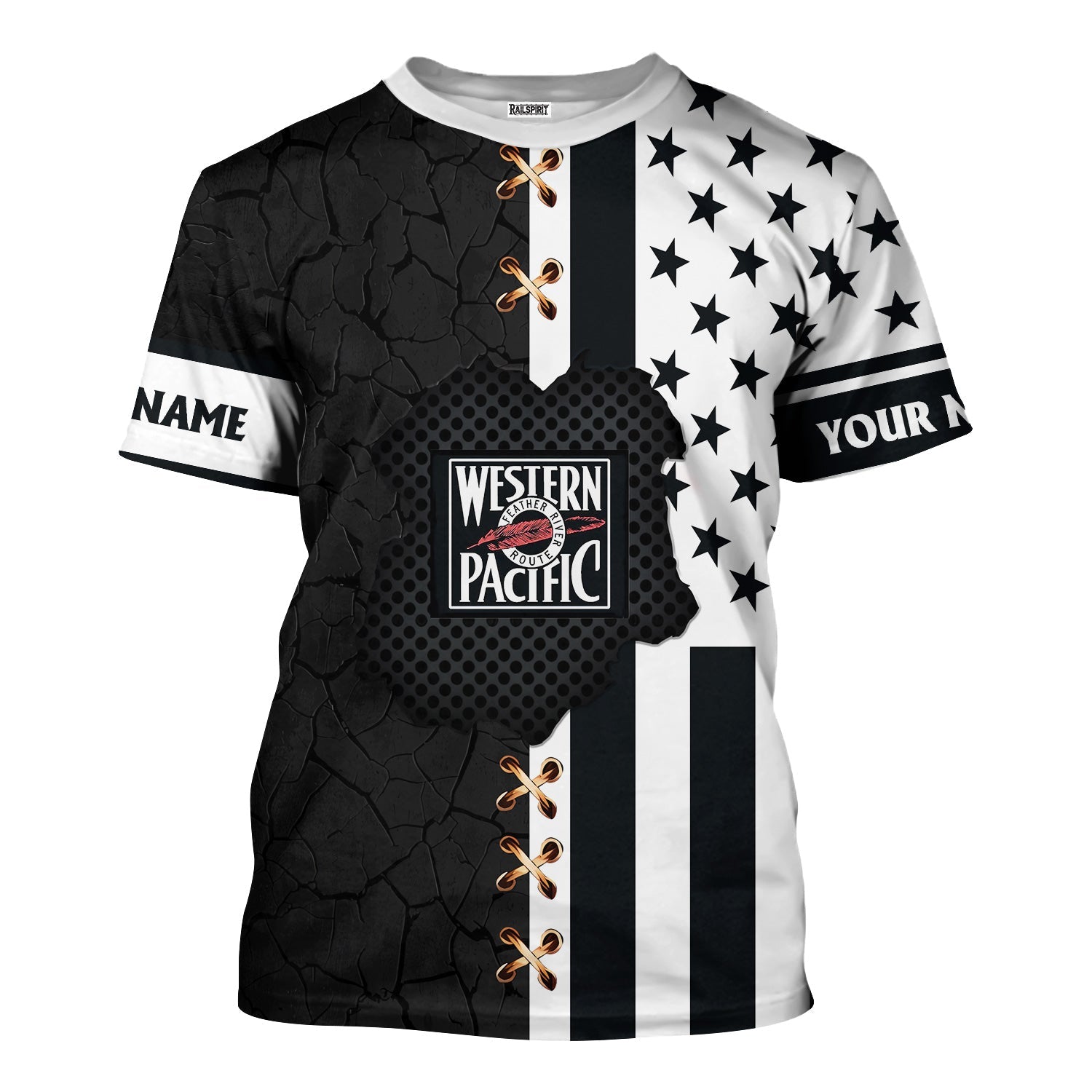 Railspirit Personalized Western Pacific Railroad T-Shirt American Flag with Crack Effect Train Shirt