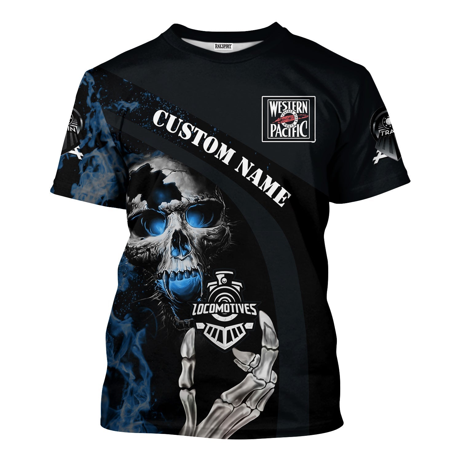 Railspirit Personalized Western Pacific Railroad T-Shirt Flame Skull Design Train Shirt for Locomotive Fans