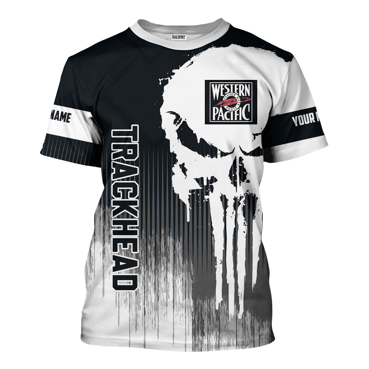 Railspirit Personalized Western Pacific Railroad T-Shirt Skull Design with Custom Job Train Shirt for Trackhead Crew