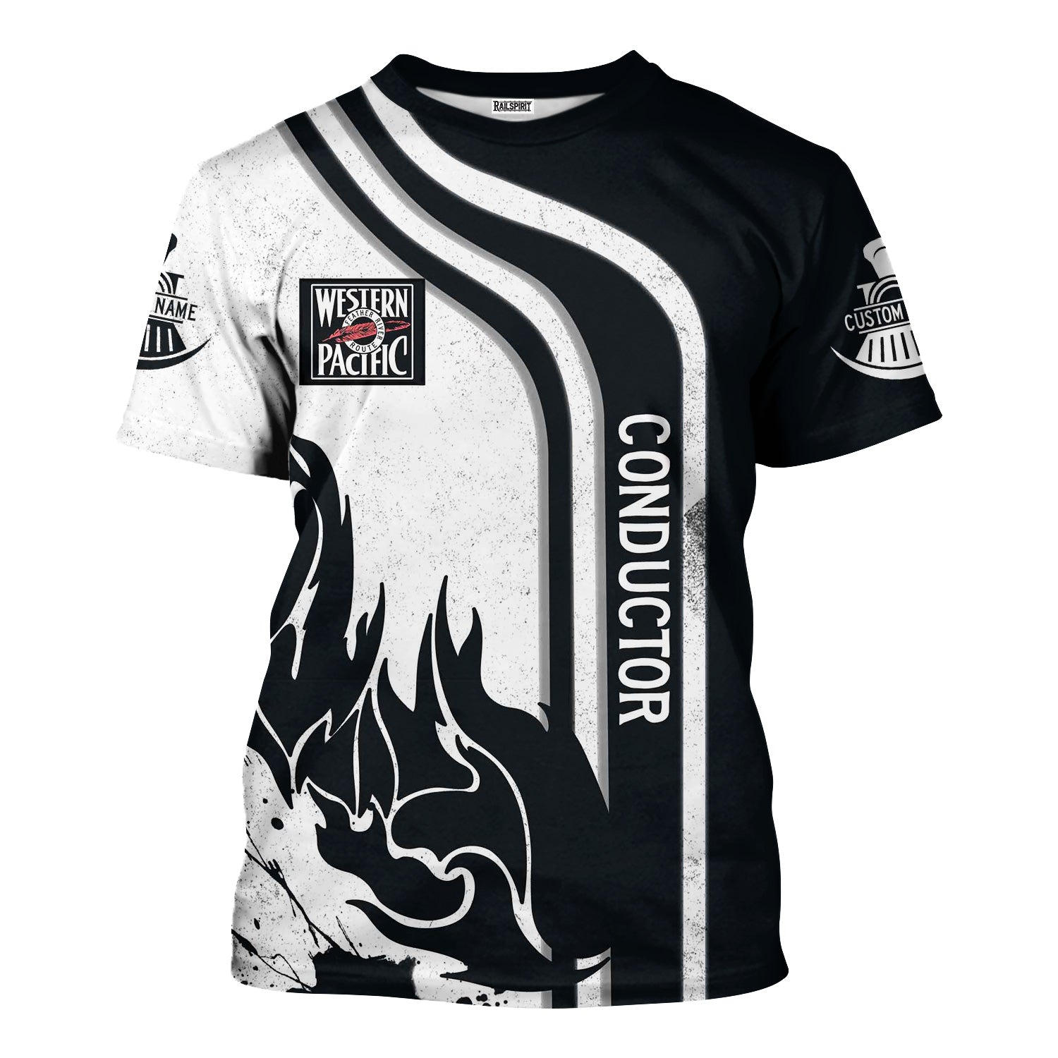 Railspirit Personalized Western Pacific Railroad T-Shirt Flame Design with Custom Job Position Train Shirt