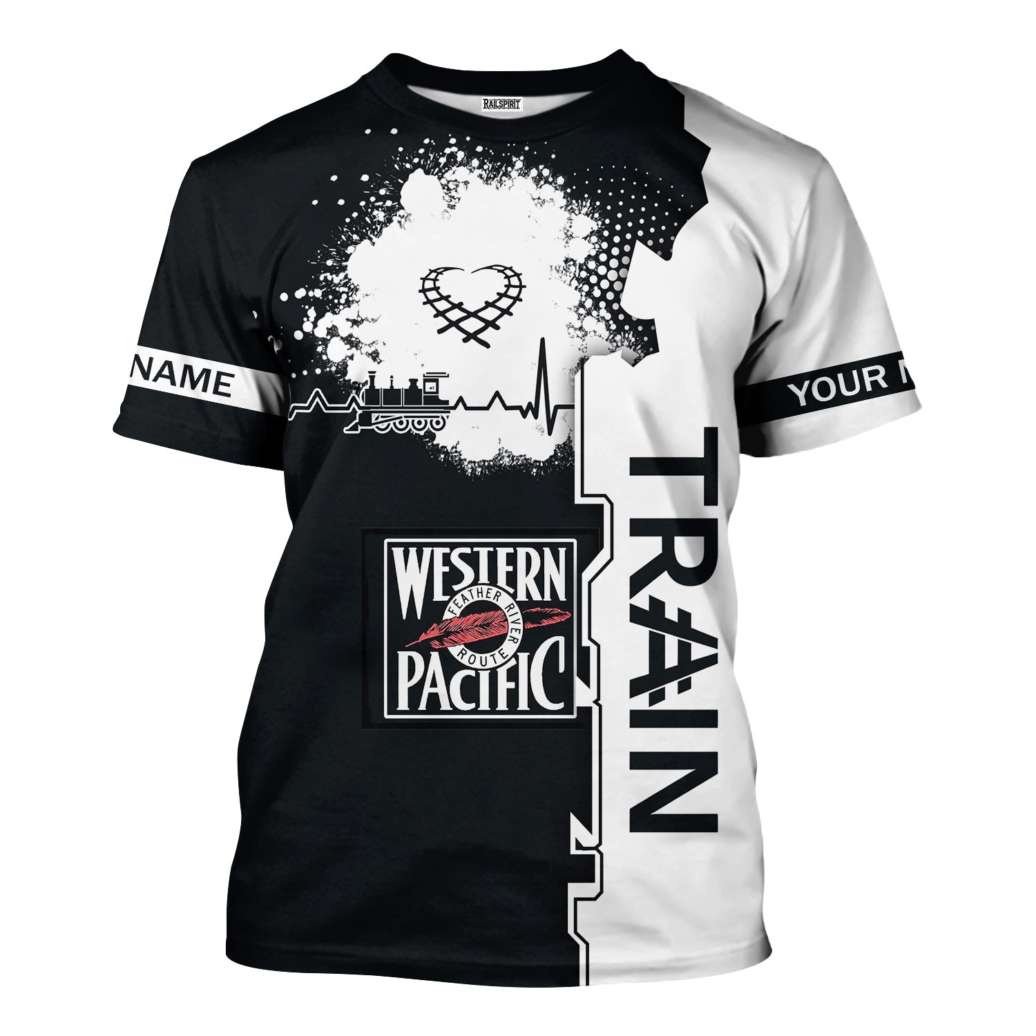 Railspirit Personalized Western Pacific Railroad T-Shirt Engine Heartbeat and Track Love Style Shirt Gift Idea For Train Lovers