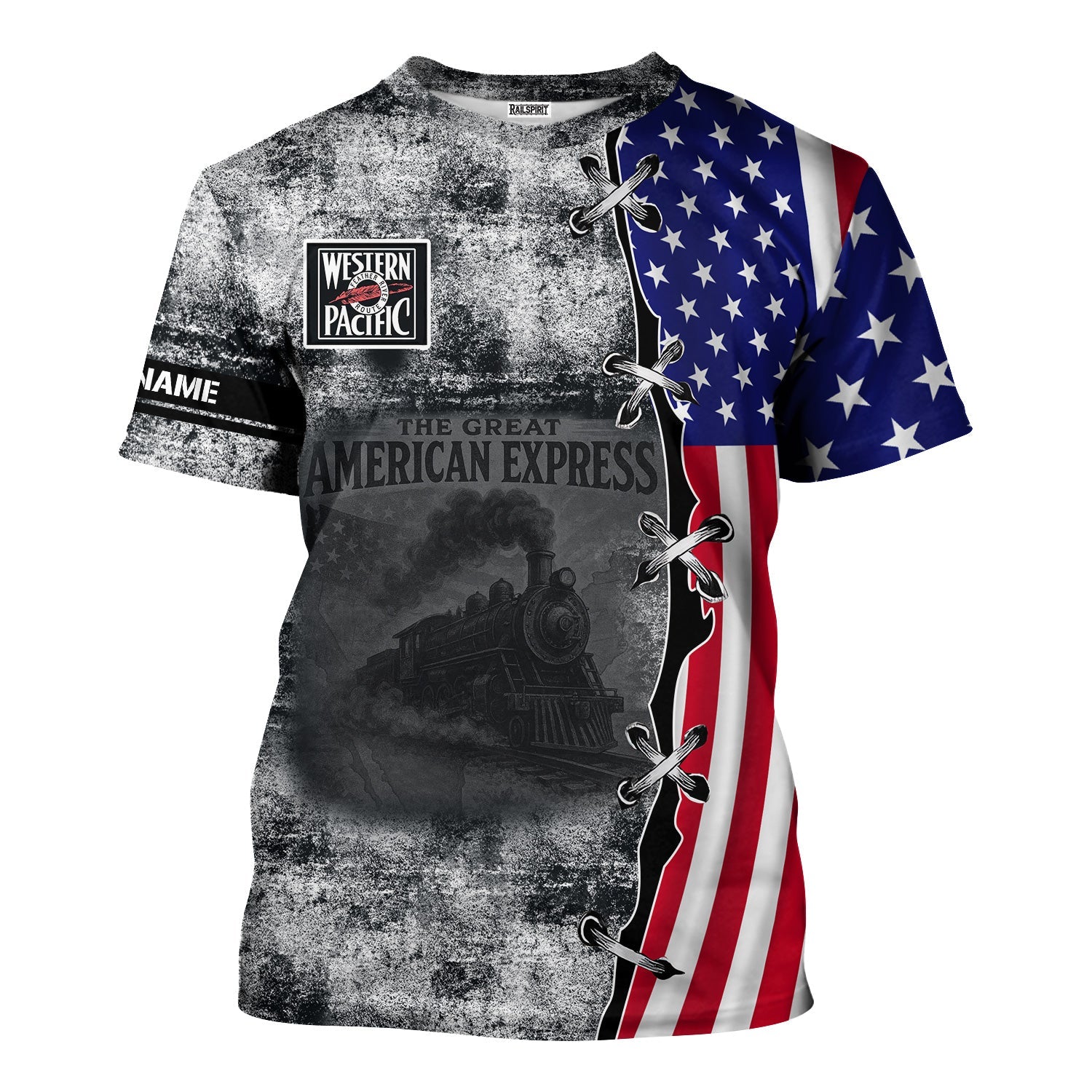 Railspirit Personalized Western Pacific Railroad T-Shirt Retro American Express Train With USA Flag Shirt