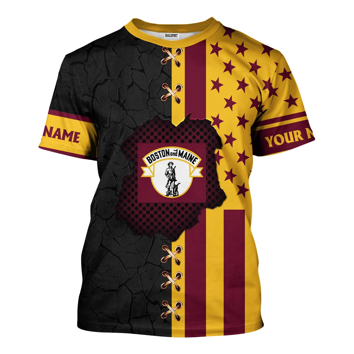 Railspirit Personalized Boston and Maine Railroad T-Shirt American Flag with Crack Effect Train Shirt