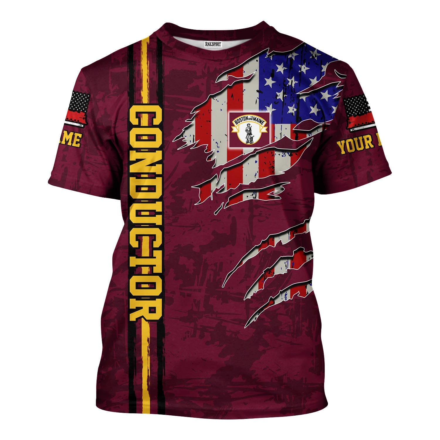 Railspirit Personalized Boston and Maine Railroad T-Shirt USA Flag Claw Art with Custom Job Train Shirt