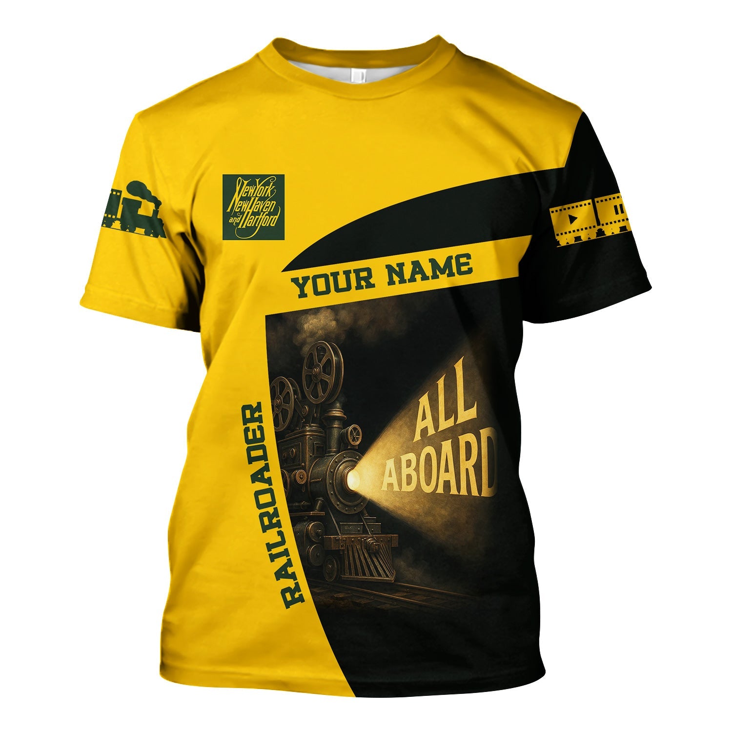 Railspirit Personalized New York, New Haven and Hartford Railroad T-Shirt All Aboard Steam Train Movie Projector Style New Haven Railroad Shirt