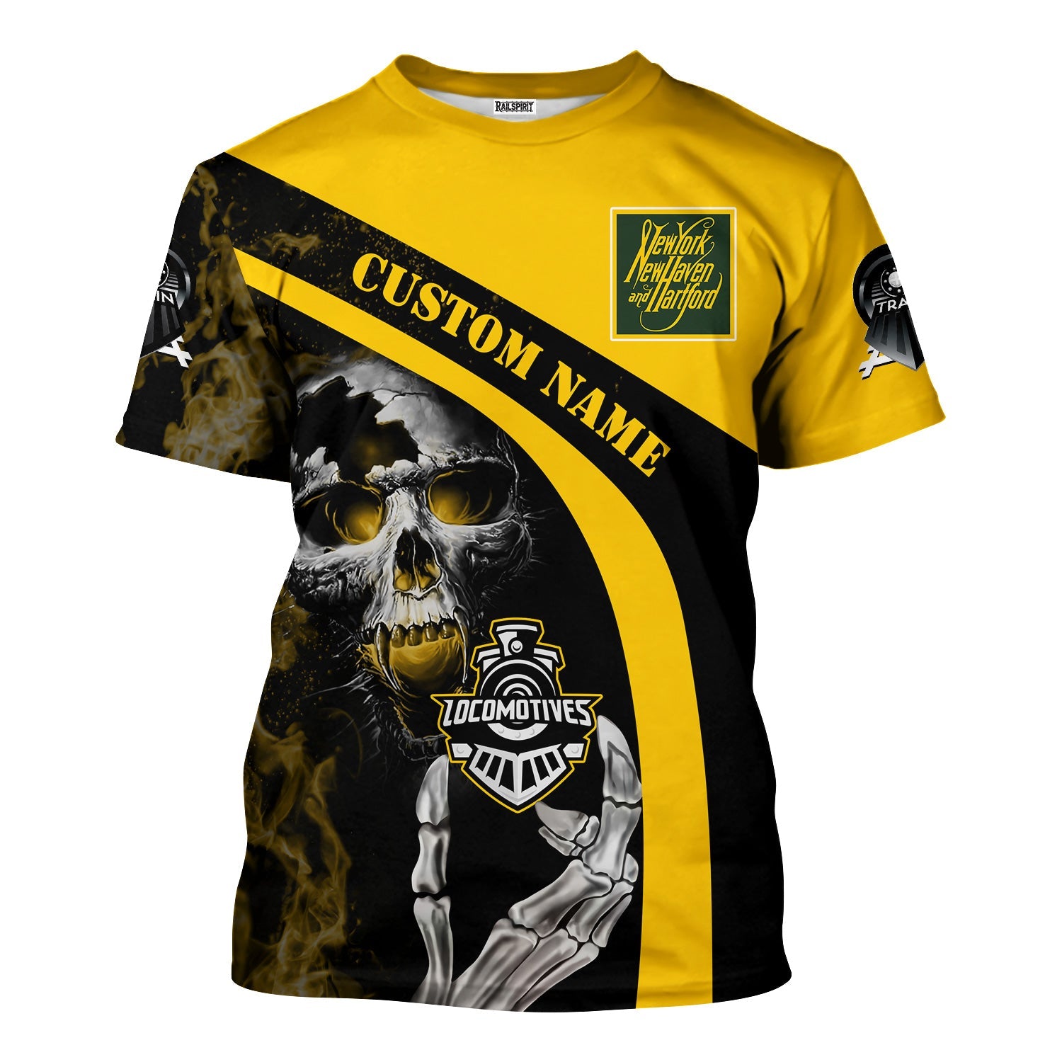 Railspirit Personalized New York, New Haven and Hartford Railroad T-Shirt Flame Skull Design New Haven Railroad Train Shirt for Locomotive Fans