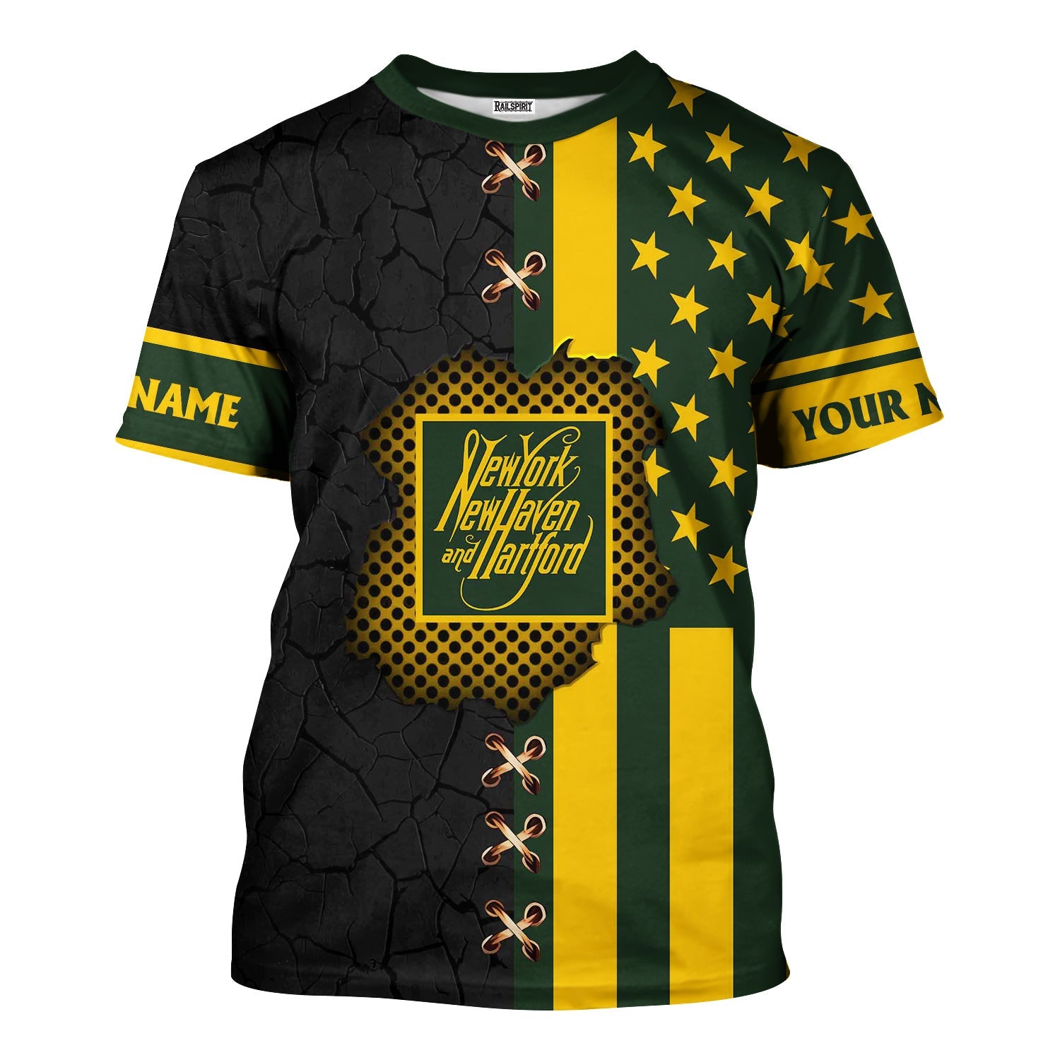 Railspirit Personalized New York, New Haven and Hartford Railroad T-Shirt American Flag with Crack Effect New Haven Railroad Train Shirt